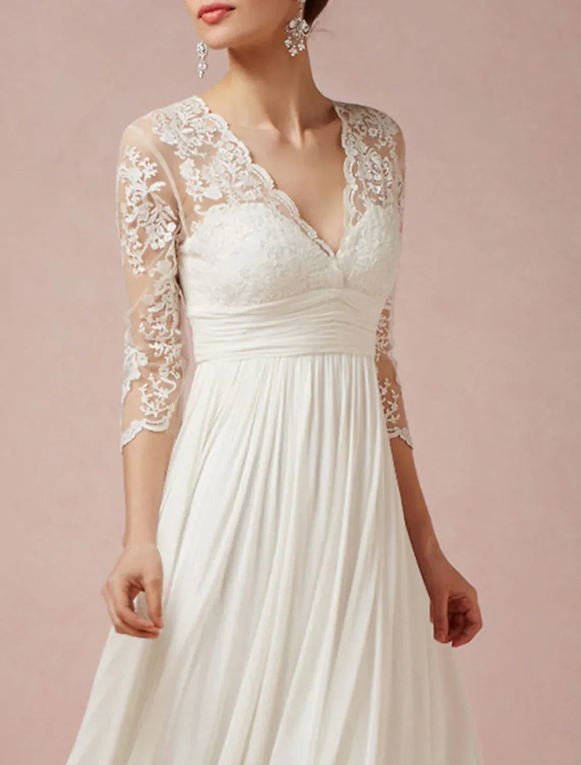 3/4 Floral Lace Sleeve Deep V High Low Chiffon Wedding Reception Dress With Tie Open Back