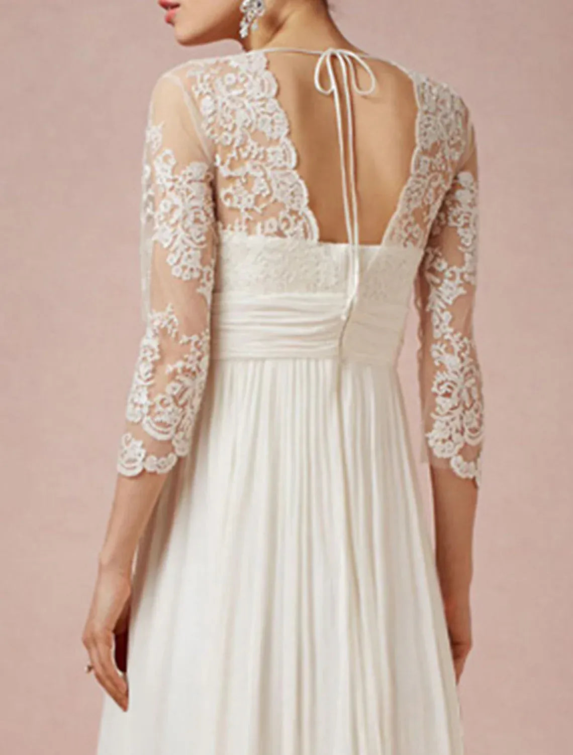 3/4 Floral Lace Sleeve Deep V High Low Chiffon Wedding Reception Dress With Tie Open Back