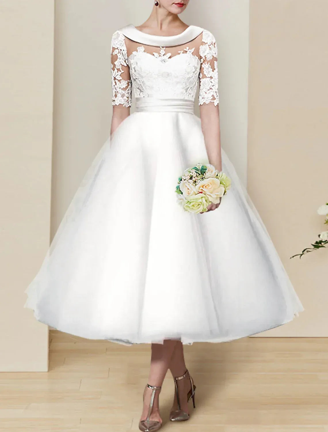 3/4 Floral Lace Sleeve Illusion Boat Neck V Back Midi Tulle Wedding Reception Dress