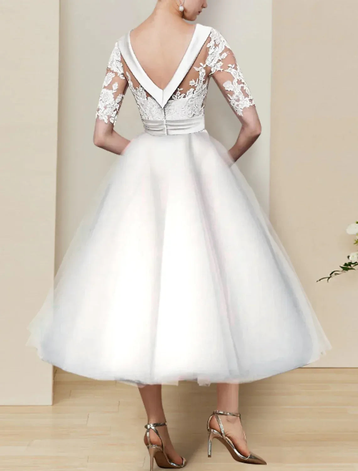 3/4 Floral Lace Sleeve Illusion Boat Neck V Back Midi Tulle Wedding Reception Dress