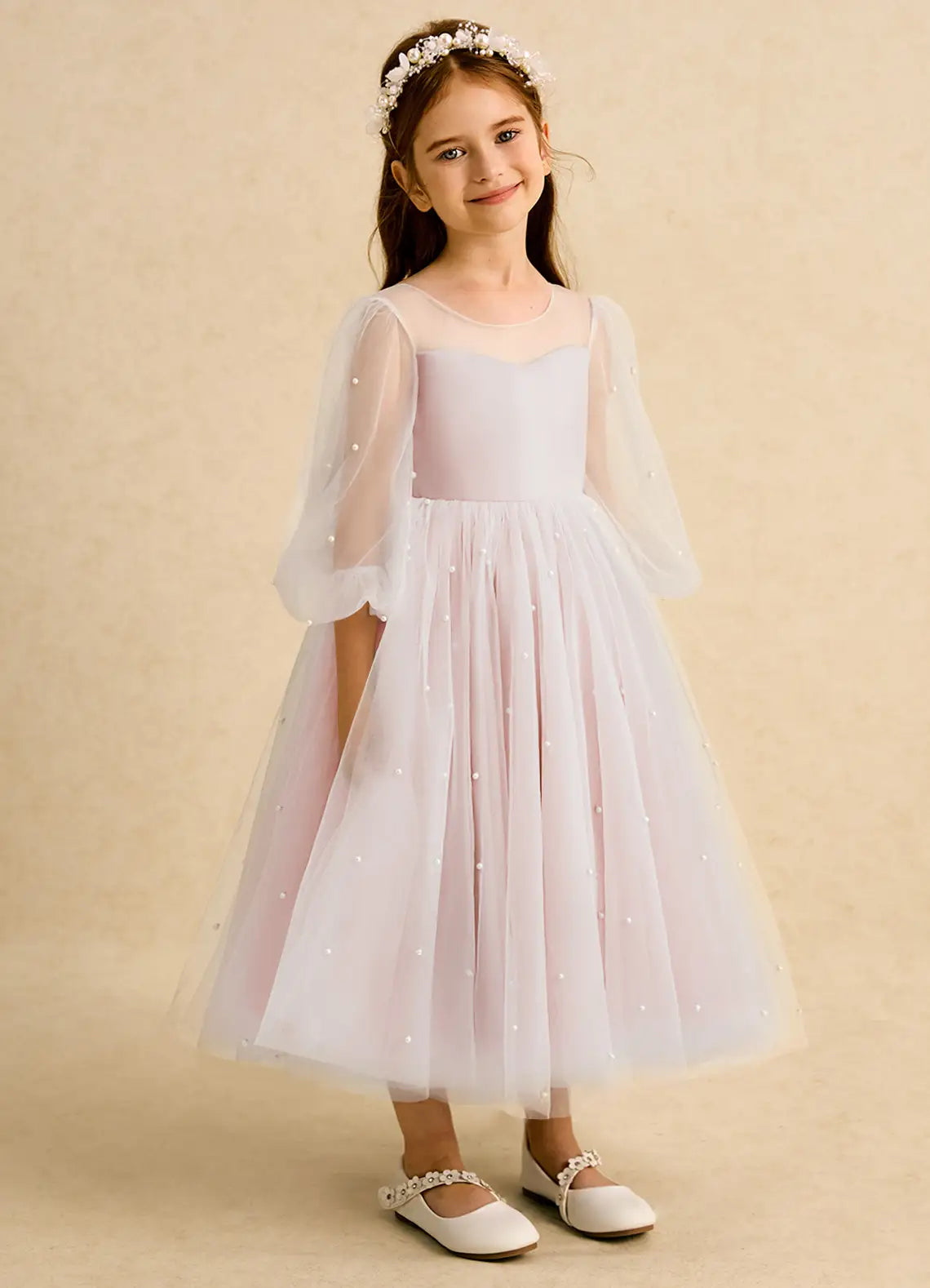 3/4 Puff Sleeve Illusion Neck V Back Big Satin Bow Light Pink Pearl Tulle Midi Flower Girl Dresses