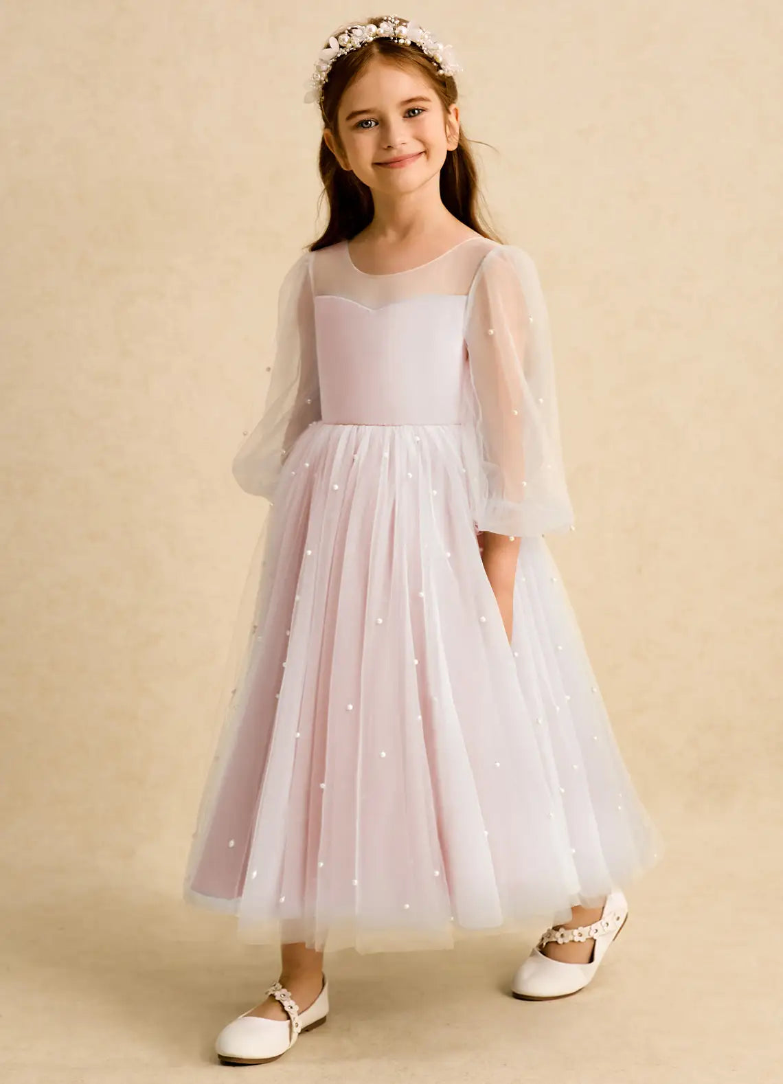 3/4 Puff Sleeve Illusion Neck V Back Big Satin Bow Light Pink Pearl Tulle Midi Flower Girl Dresses