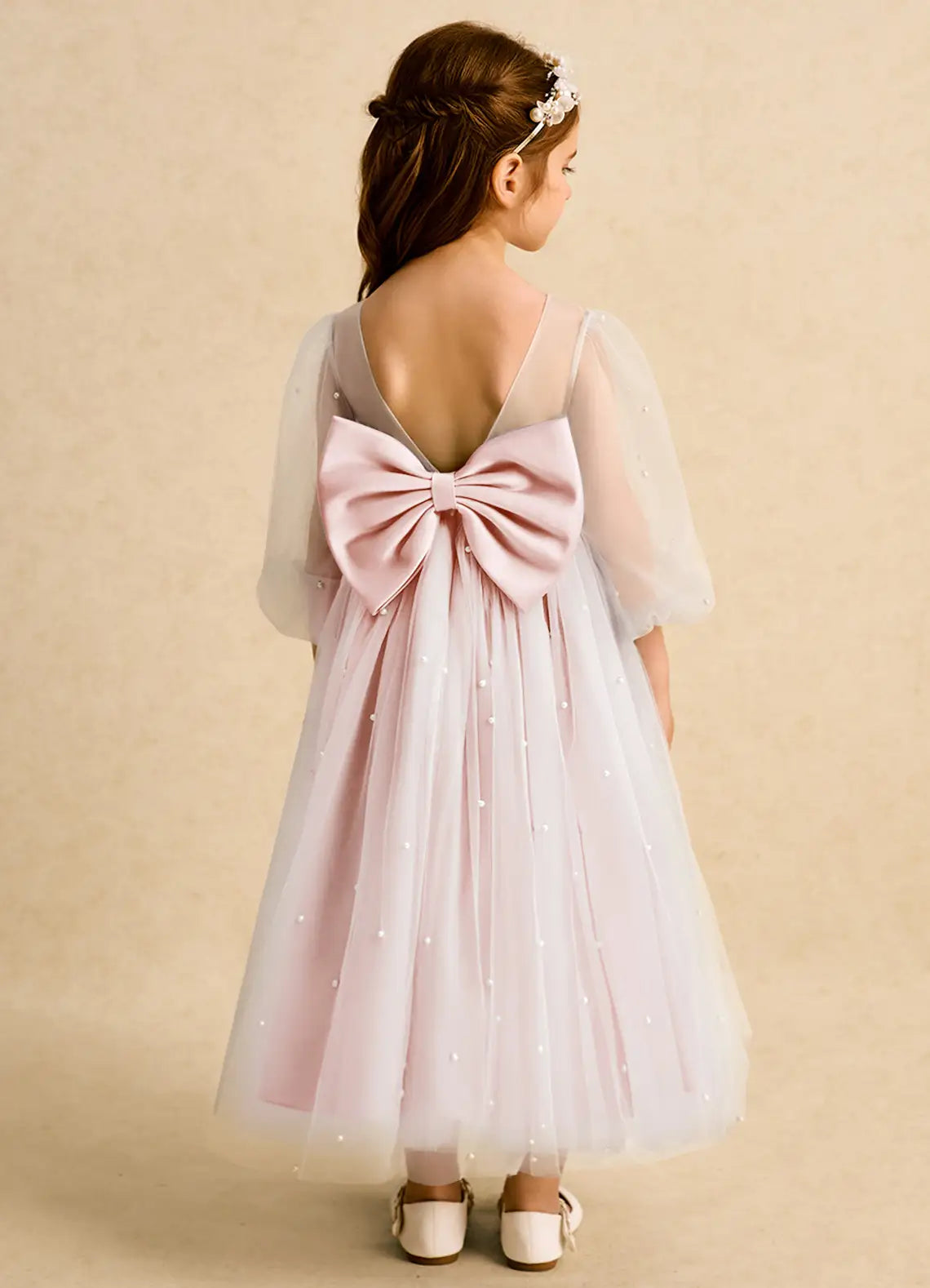 3/4 Puff Sleeve Illusion Neck V Back Big Satin Bow Light Pink Pearl Tulle Midi Flower Girl Dresses