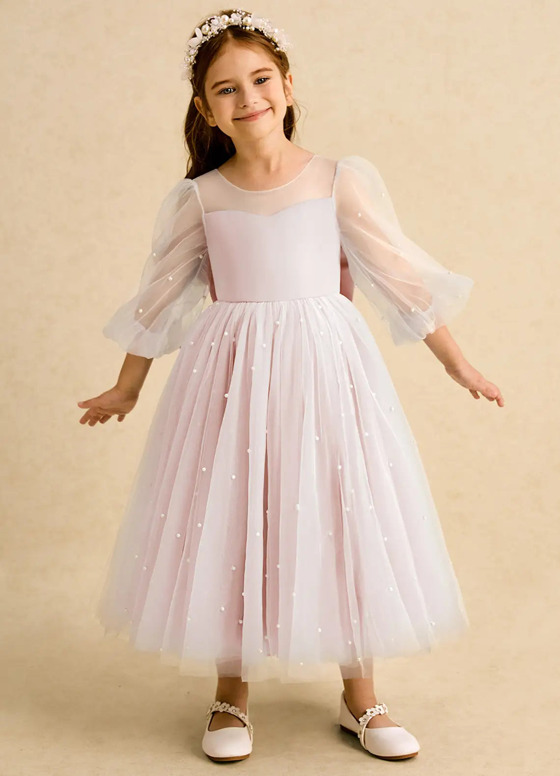 3/4 Puff Sleeve Illusion Neck V Back Big Satin Bow Light Pink Pearl Tulle Midi Flower Girl Dresses