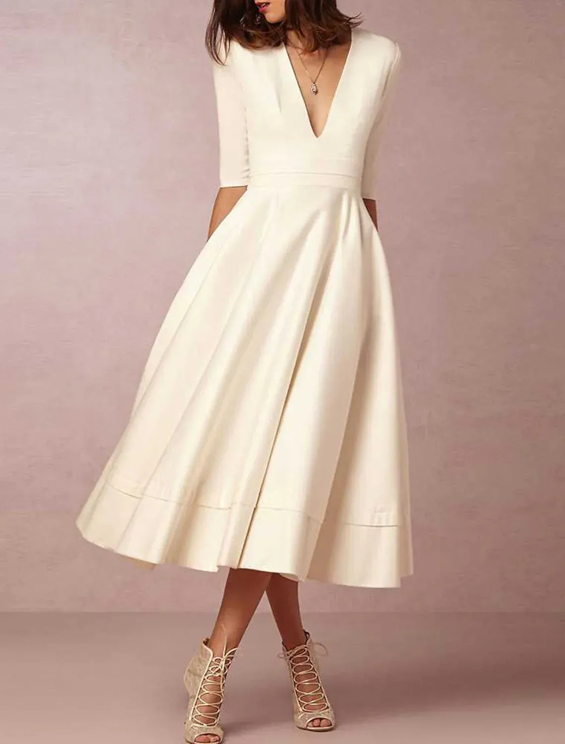3/4 Sleeve Deep V Hidden Side Pocket Matte Crepe Midi A-Line Wedding Reception Dress