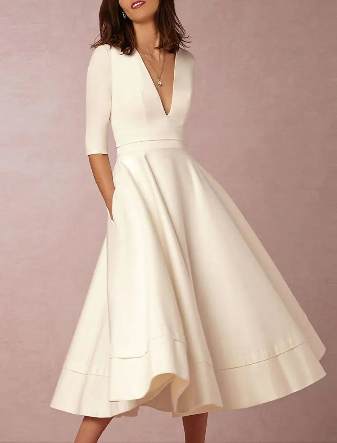 3/4 Sleeve Deep V Hidden Side Pocket Matte Crepe Midi A-Line Wedding Reception Dress