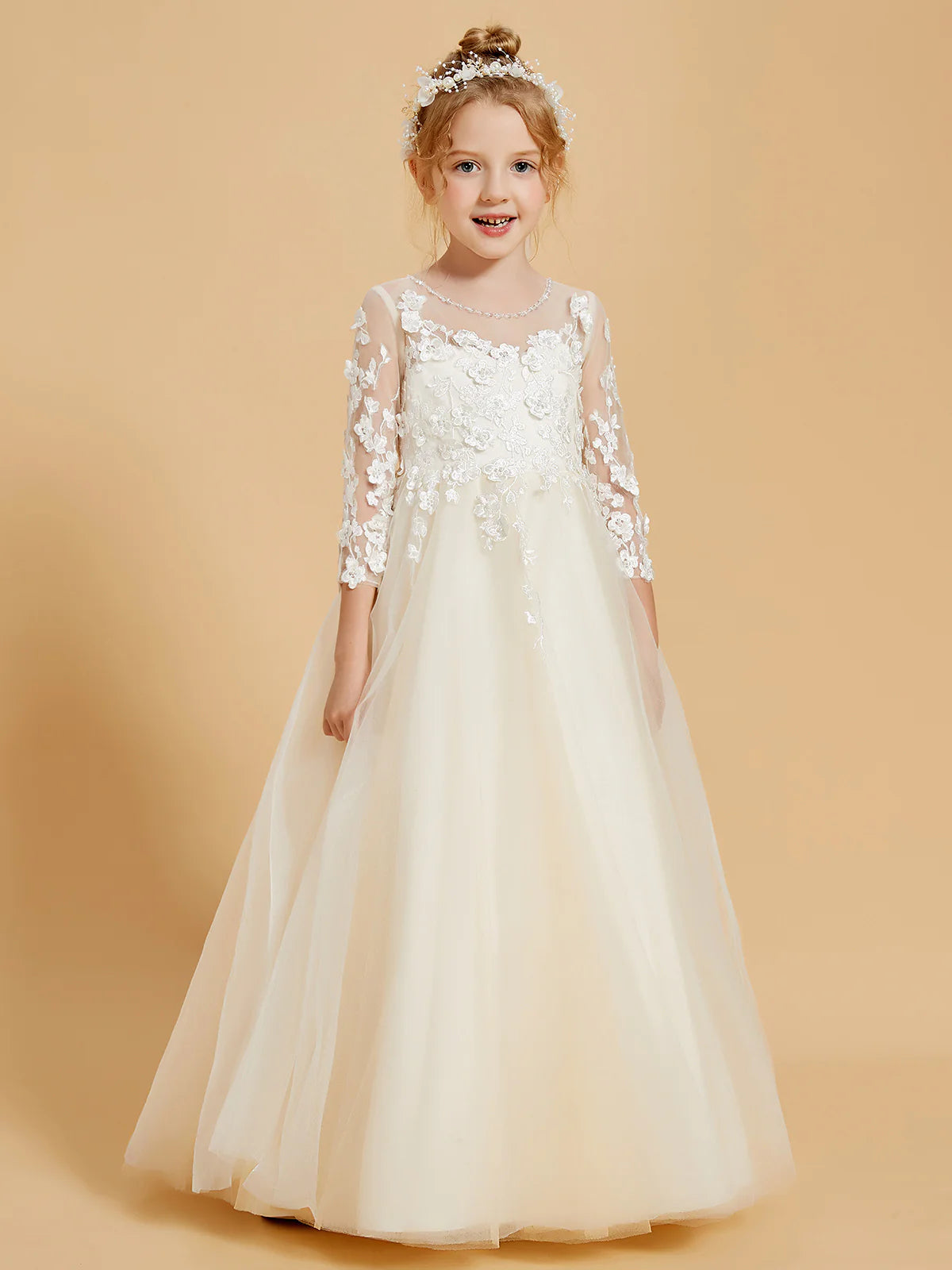 3/4 Sleeve Illusion Neck Floral Lace Pearl Back Floor Length Champagne Tulle Flower Girl Dresses