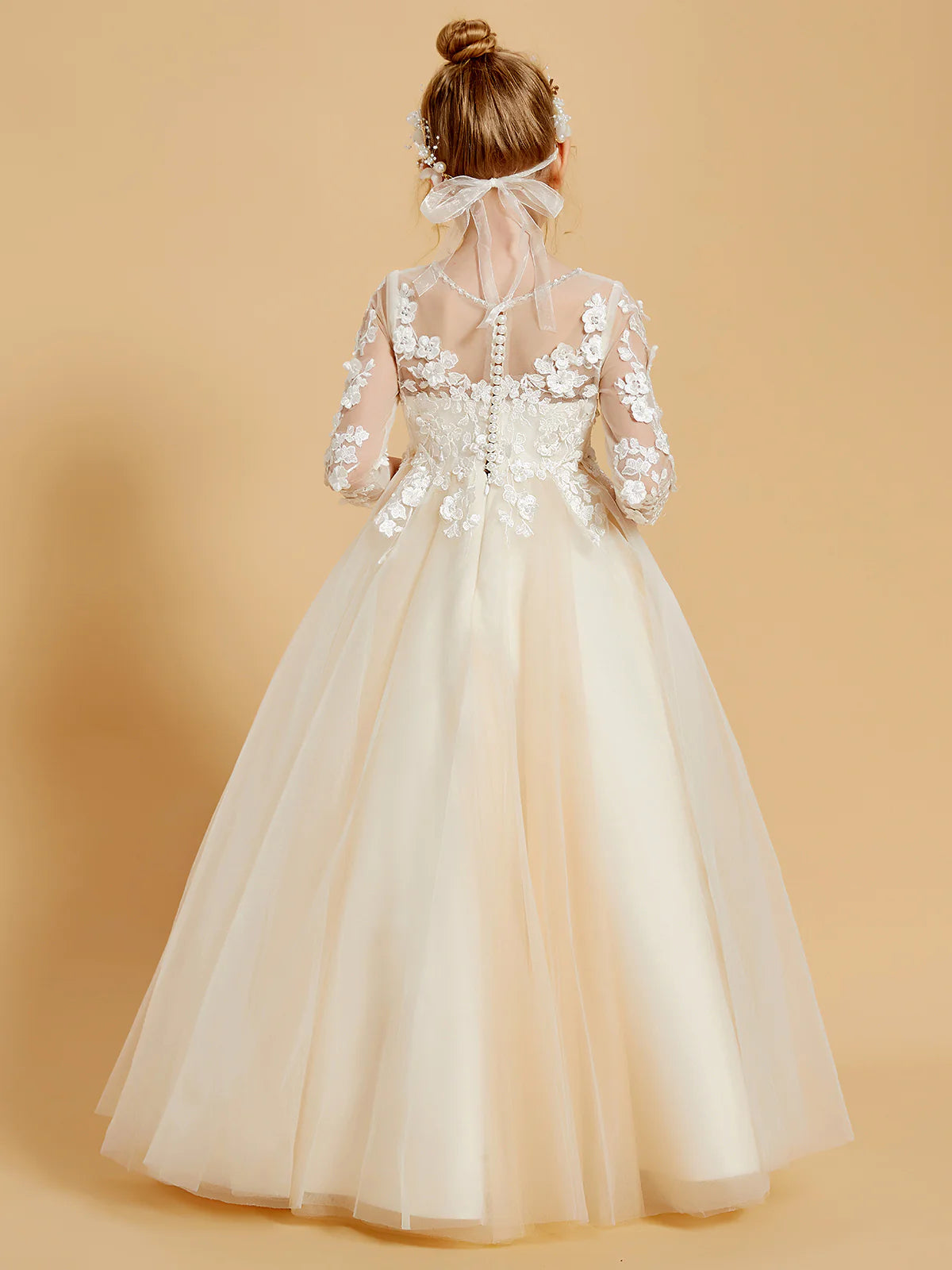 3/4 Sleeve Illusion Neck Floral Lace Pearl Back Floor Length Champagne Tulle Flower Girl Dresses
