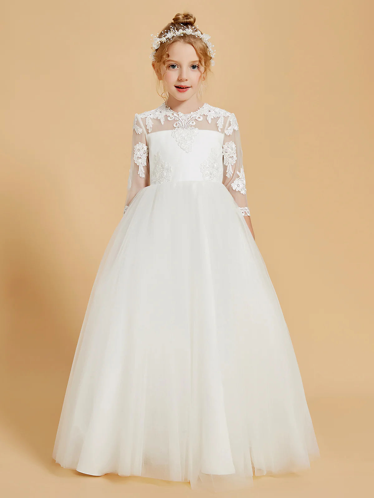 3/4 Sleeve Illusion Neck Floral Lace Pearl Back Floor Length White Tulle Flower Girl Dresses