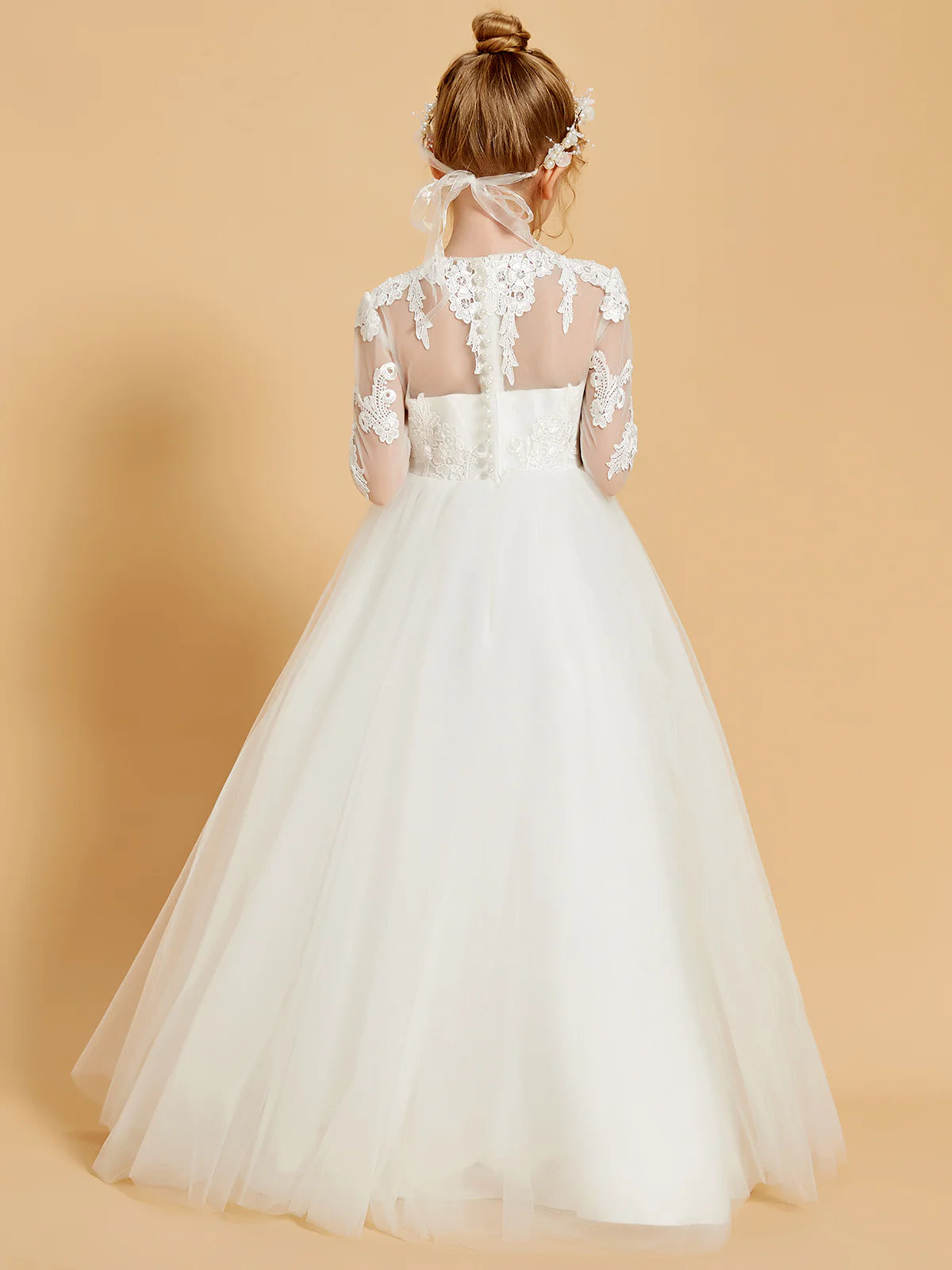 3/4 Sleeve Illusion Neck Floral Lace Pearl Back Floor Length White Tulle Flower Girl Dresses