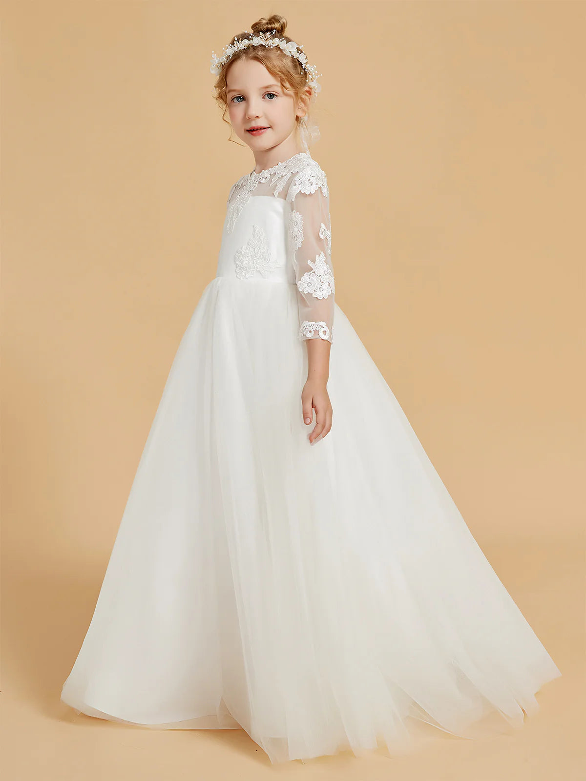 3/4 Sleeve Illusion Neck Floral Lace Pearl Back Floor Length White Tulle Flower Girl Dresses