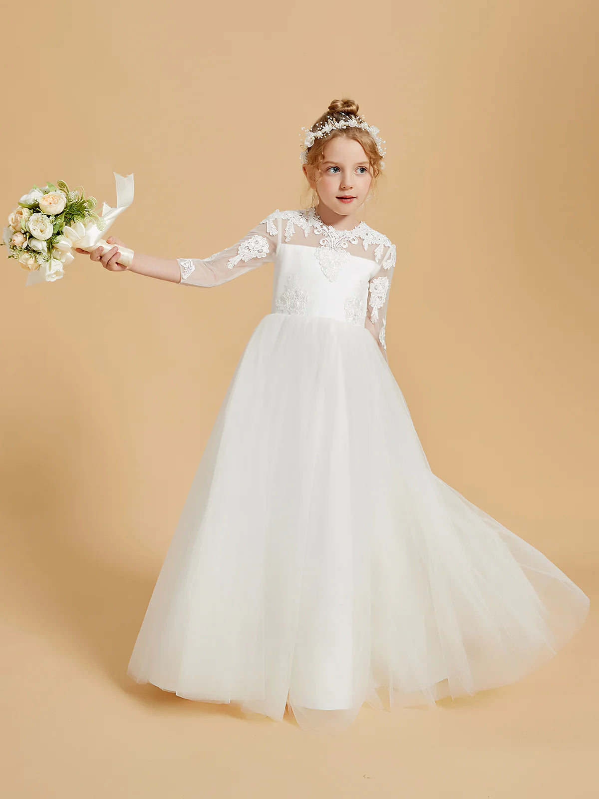 3/4 Sleeve Illusion Neck Floral Lace Pearl Back Floor Length White Tulle Flower Girl Dresses