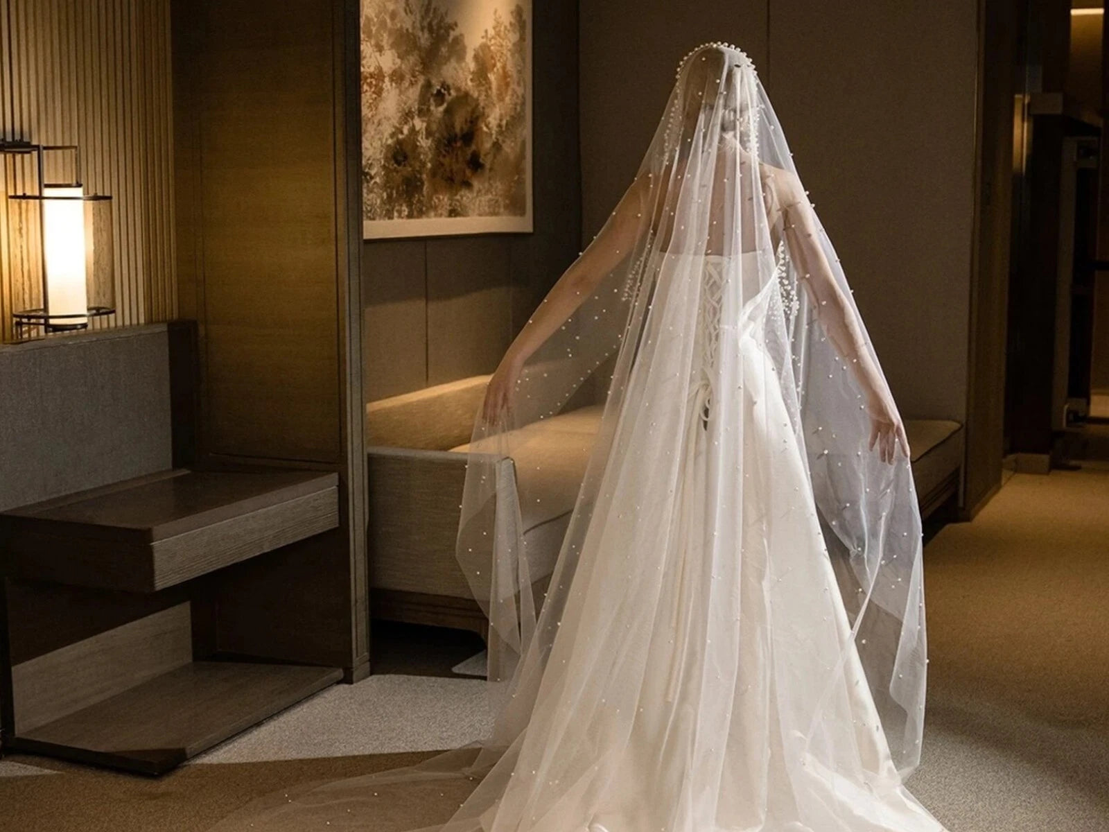 Wedding veil with pearls 1 tier ivory color 120'' length