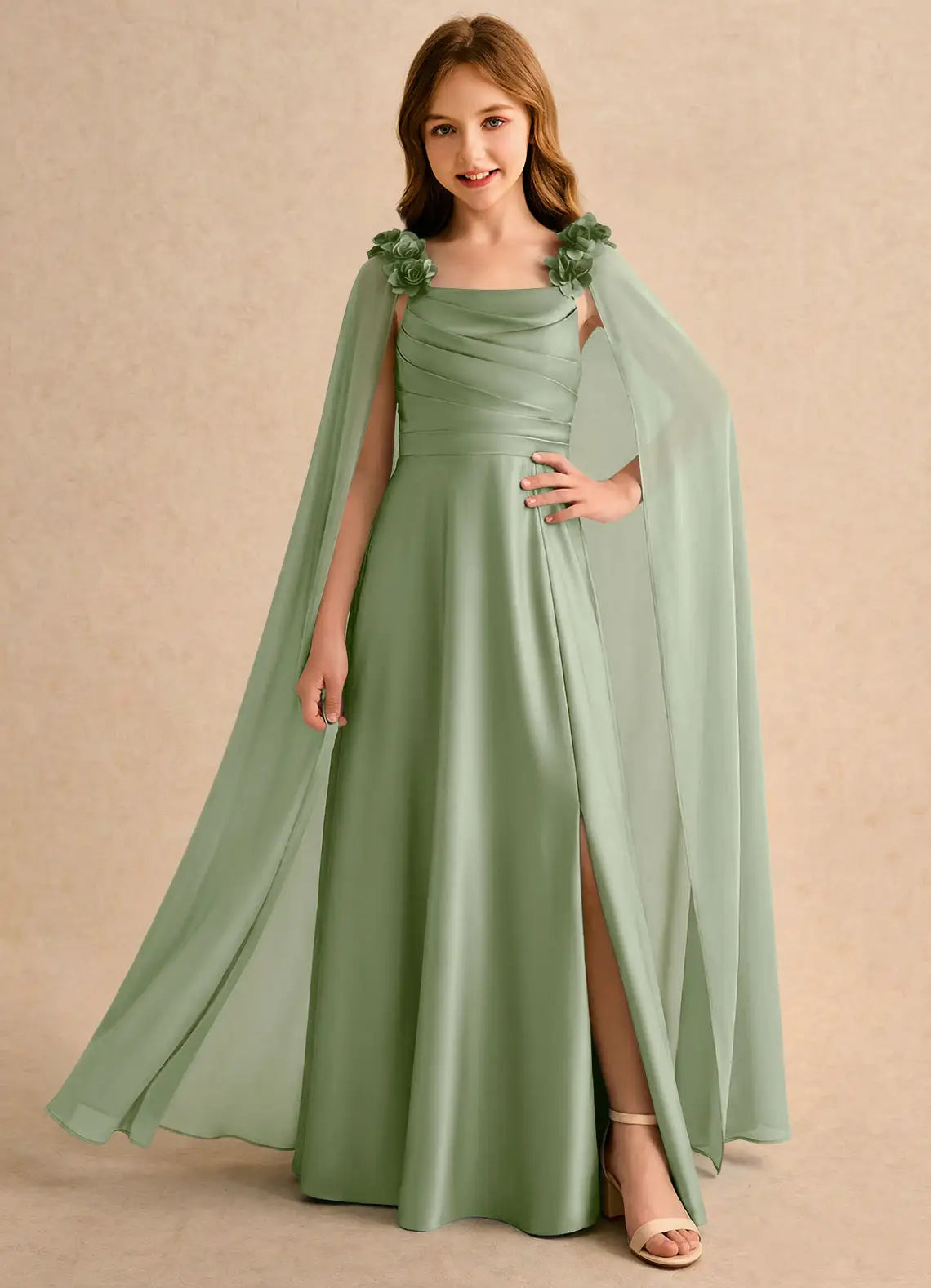 3D Floral Strap Cape Sleeve Square V-Back Slit Sage Satin Full Length Junior Bridesmaid Dresses