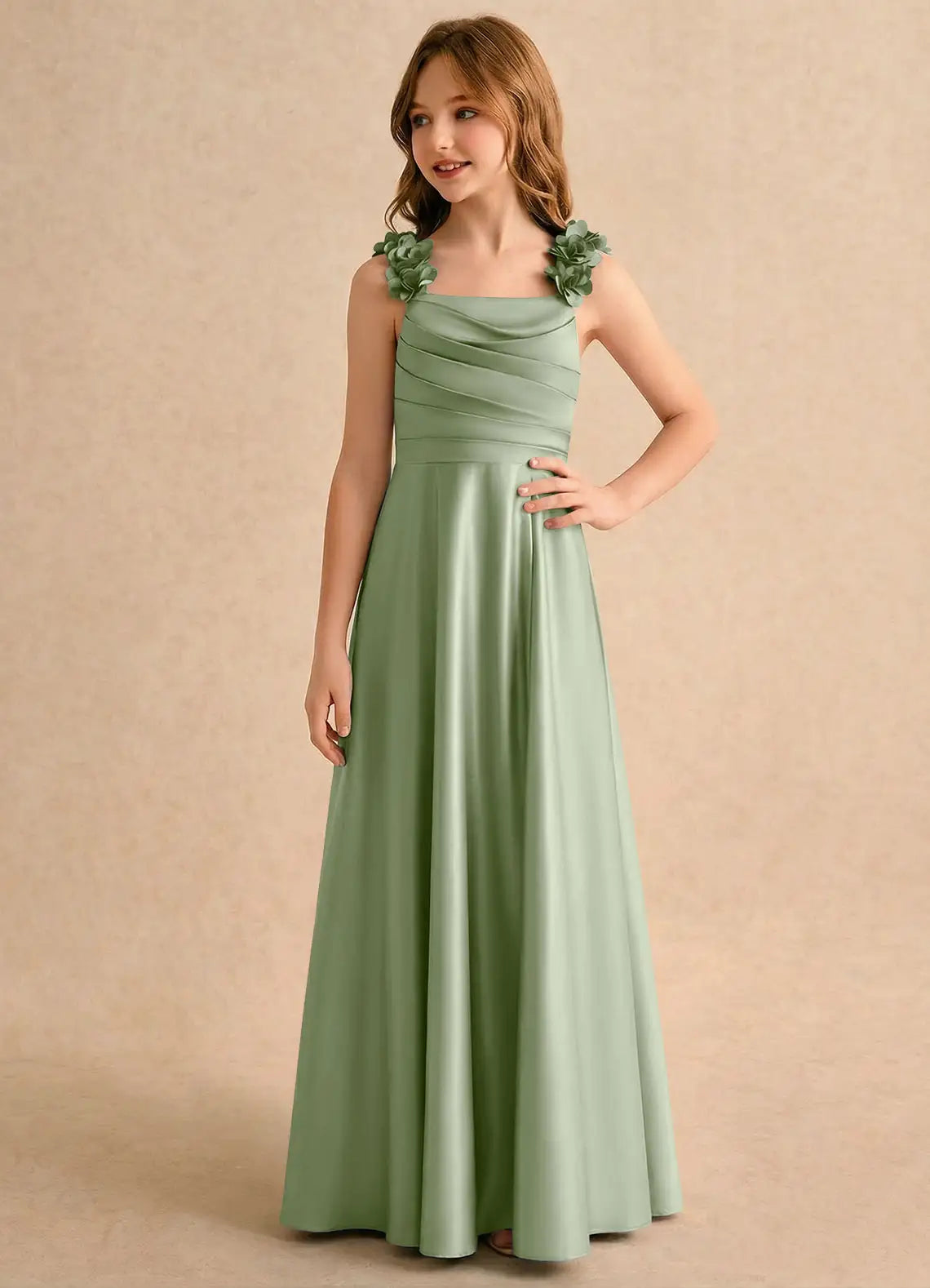 3D Floral Strap Cape Sleeve Square V-Back Slit Sage Satin Full Length Junior Bridesmaid Dresses