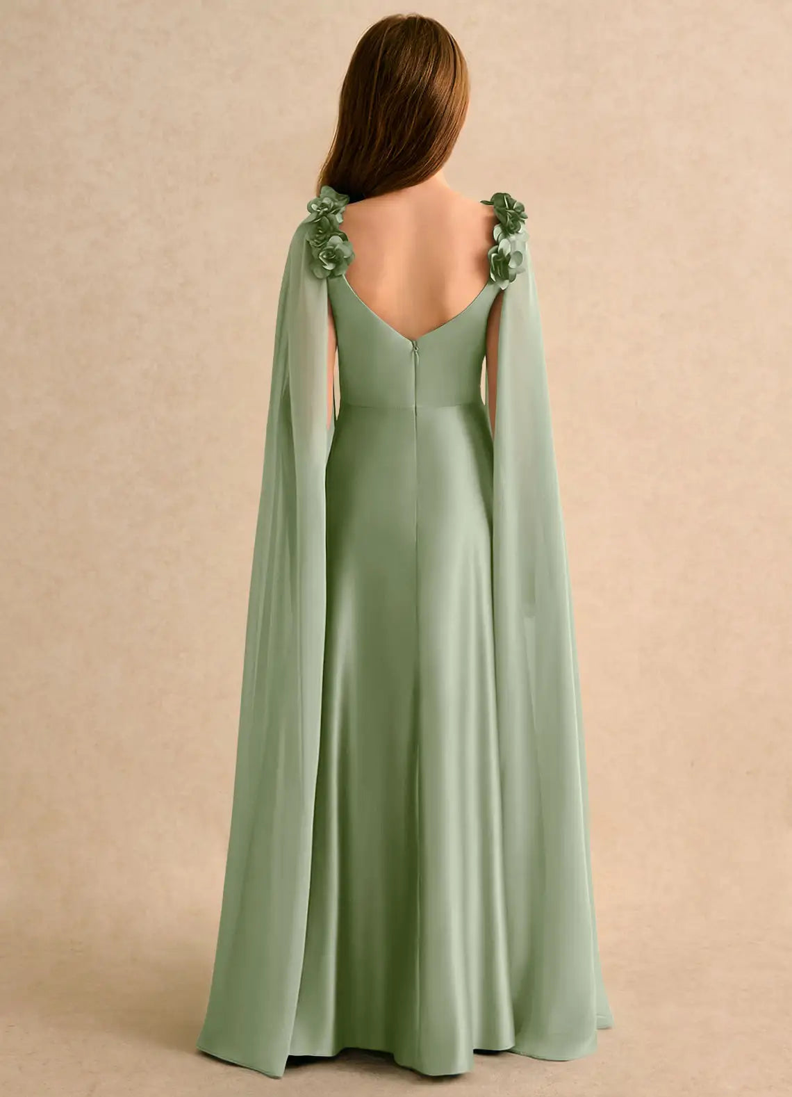 3D Floral Strap Cape Sleeve Square V-Back Slit Sage Satin Full Length Junior Bridesmaid Dresses