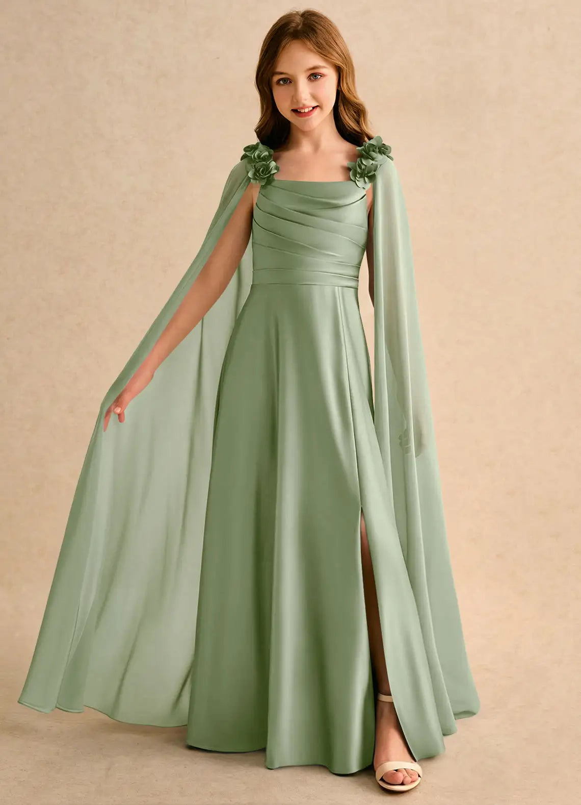 3D Floral Strap Cape Sleeve Square V-Back Slit Sage Satin Full Length Junior Bridesmaid Dresses