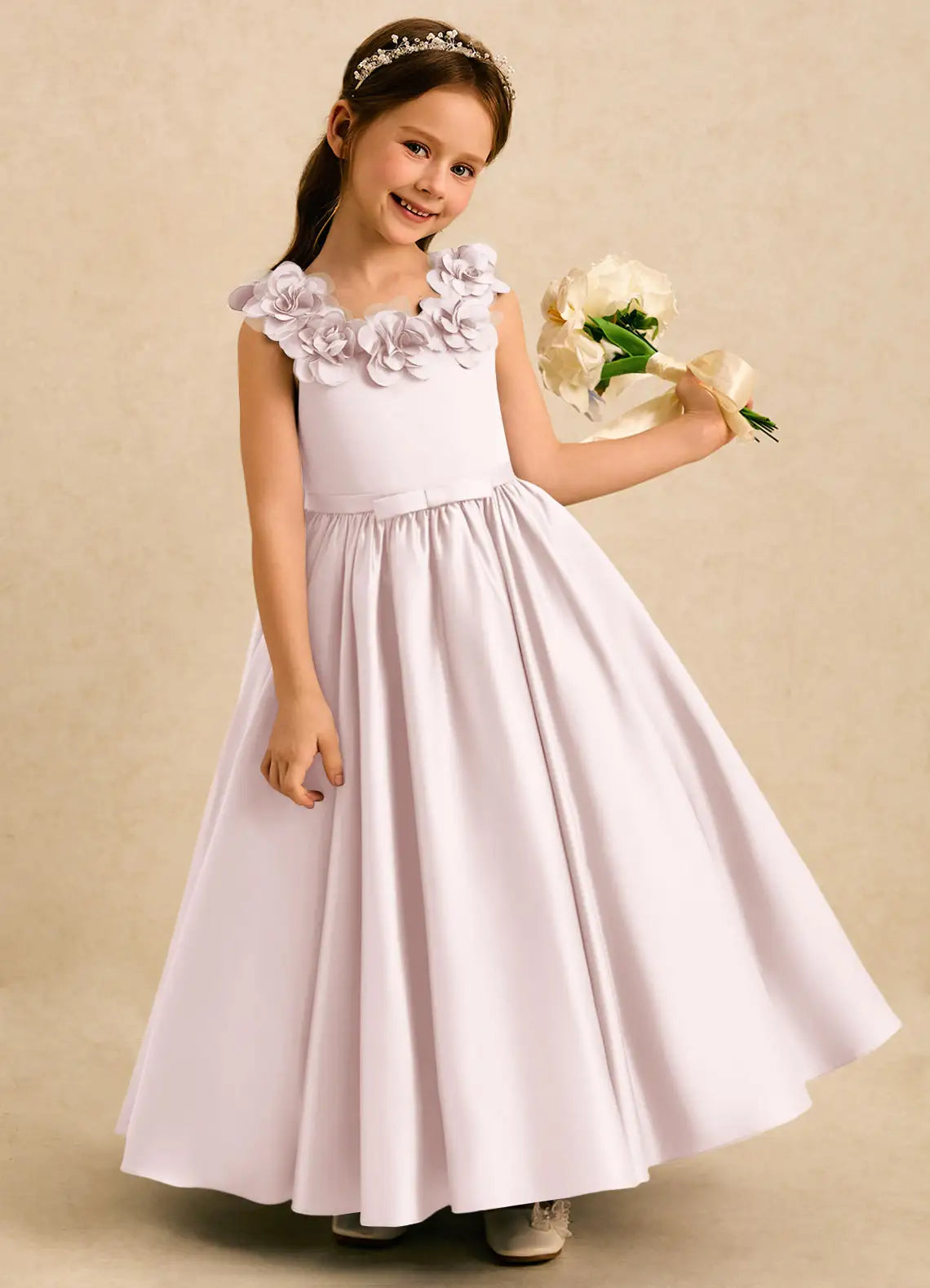 3D Floral Strap V-Back Giant Floral Bow White Satin Full Length Flower Girl Dresses