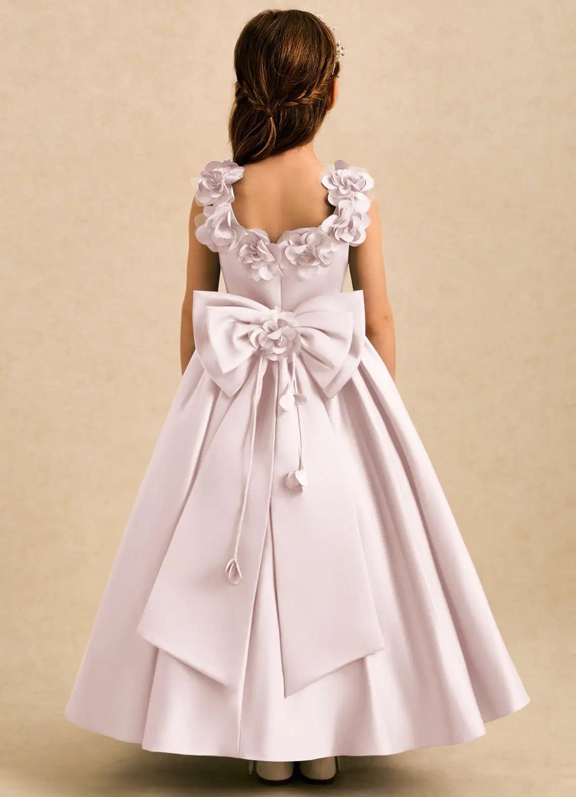 3D Floral Strap V-Back Giant Floral Bow White Satin Full Length Flower Girl Dresses