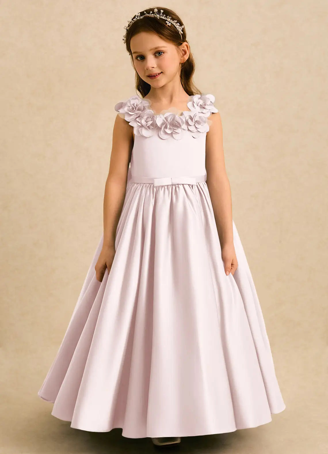 3D Floral Strap V-Back Giant Floral Bow White Satin Full Length Flower Girl Dresses