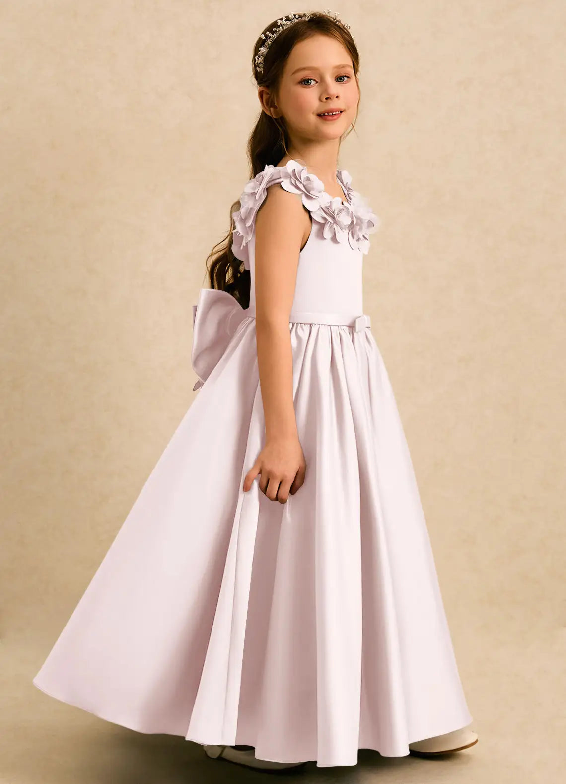 3D Floral Strap V-Back Giant Floral Bow White Satin Full Length Flower Girl Dresses