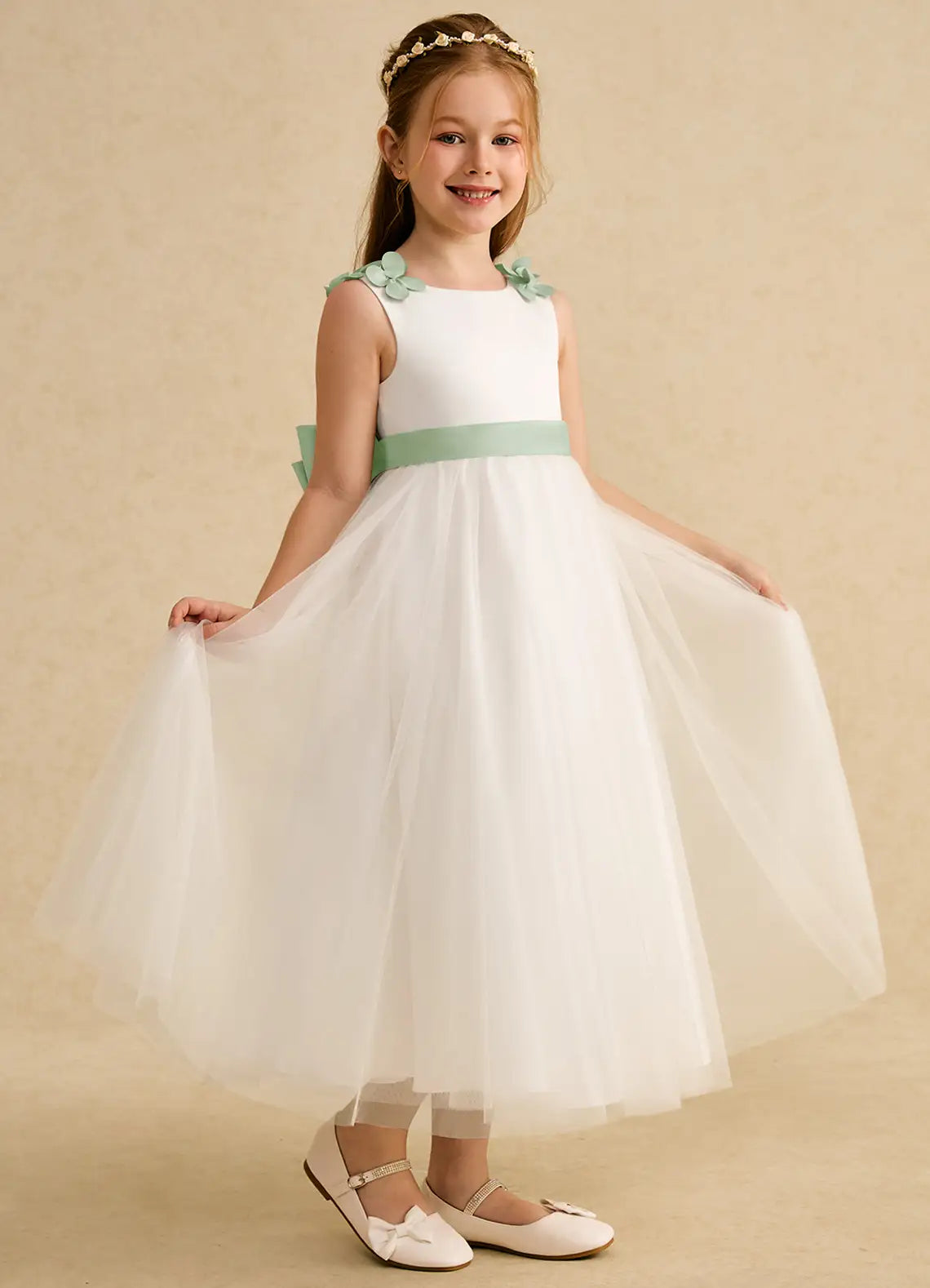 3D Floral Strap V-Back Sage Sash Bow White Tulle Midi Flower Girl Dresses