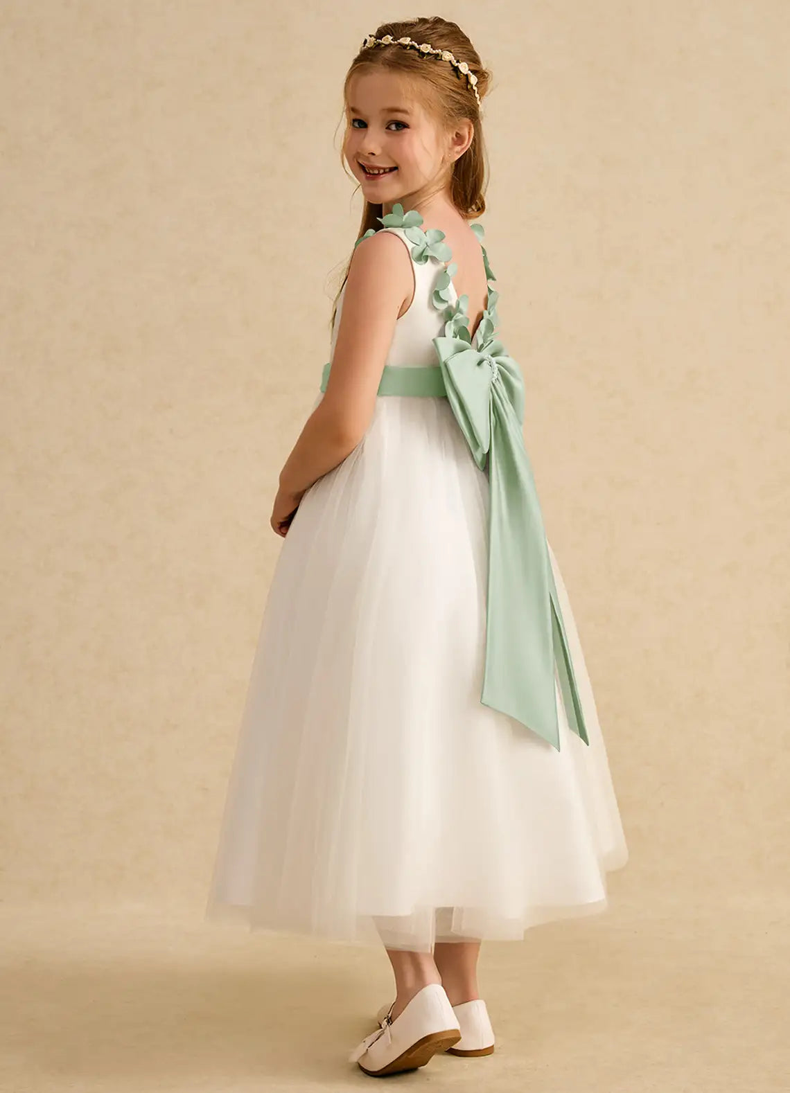 3D Floral Strap V-Back Sage Sash Bow White Tulle Midi Flower Girl Dresses
