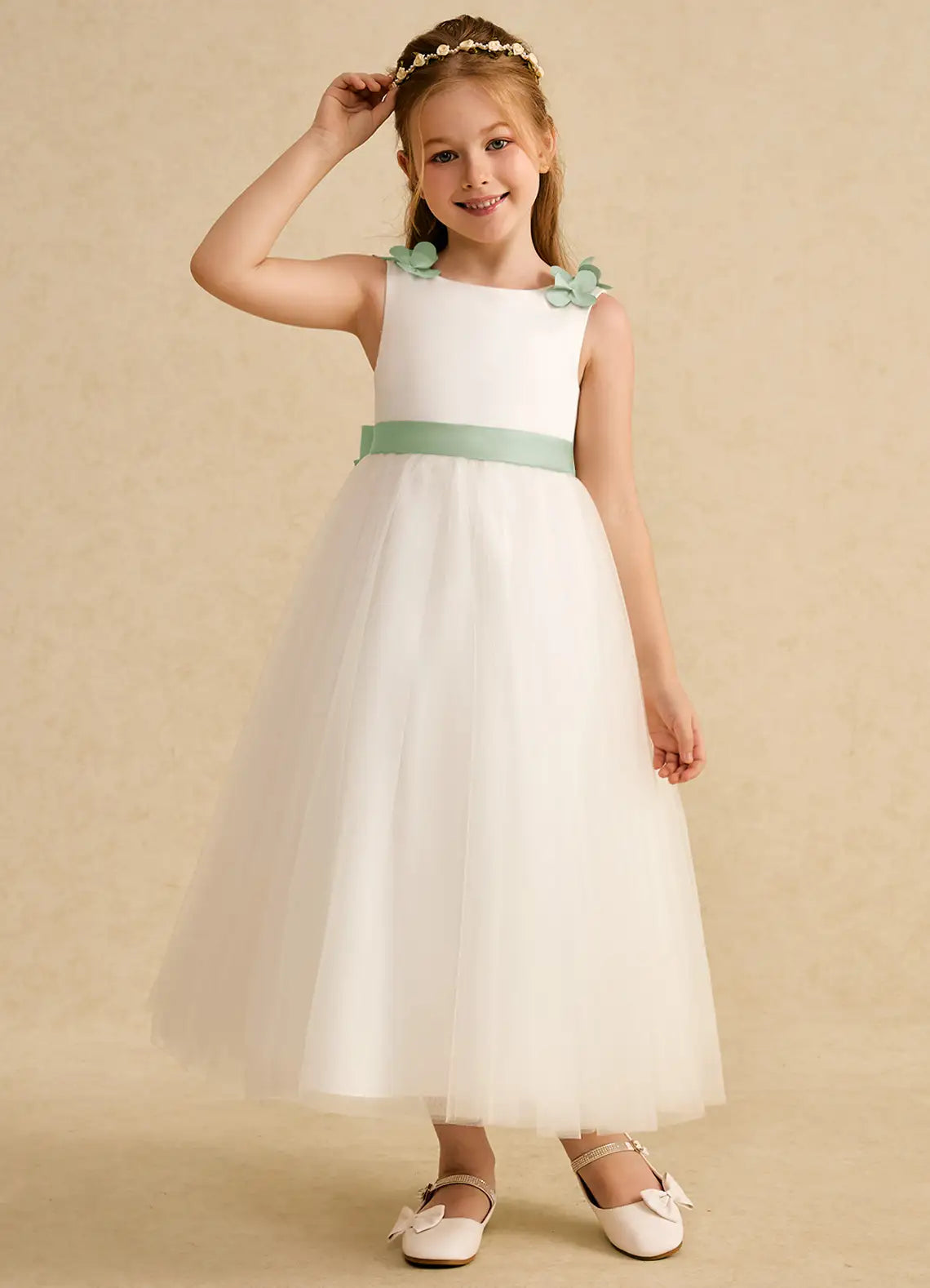 3D Floral Strap V-Back Sage Sash Bow White Tulle Midi Flower Girl Dresses