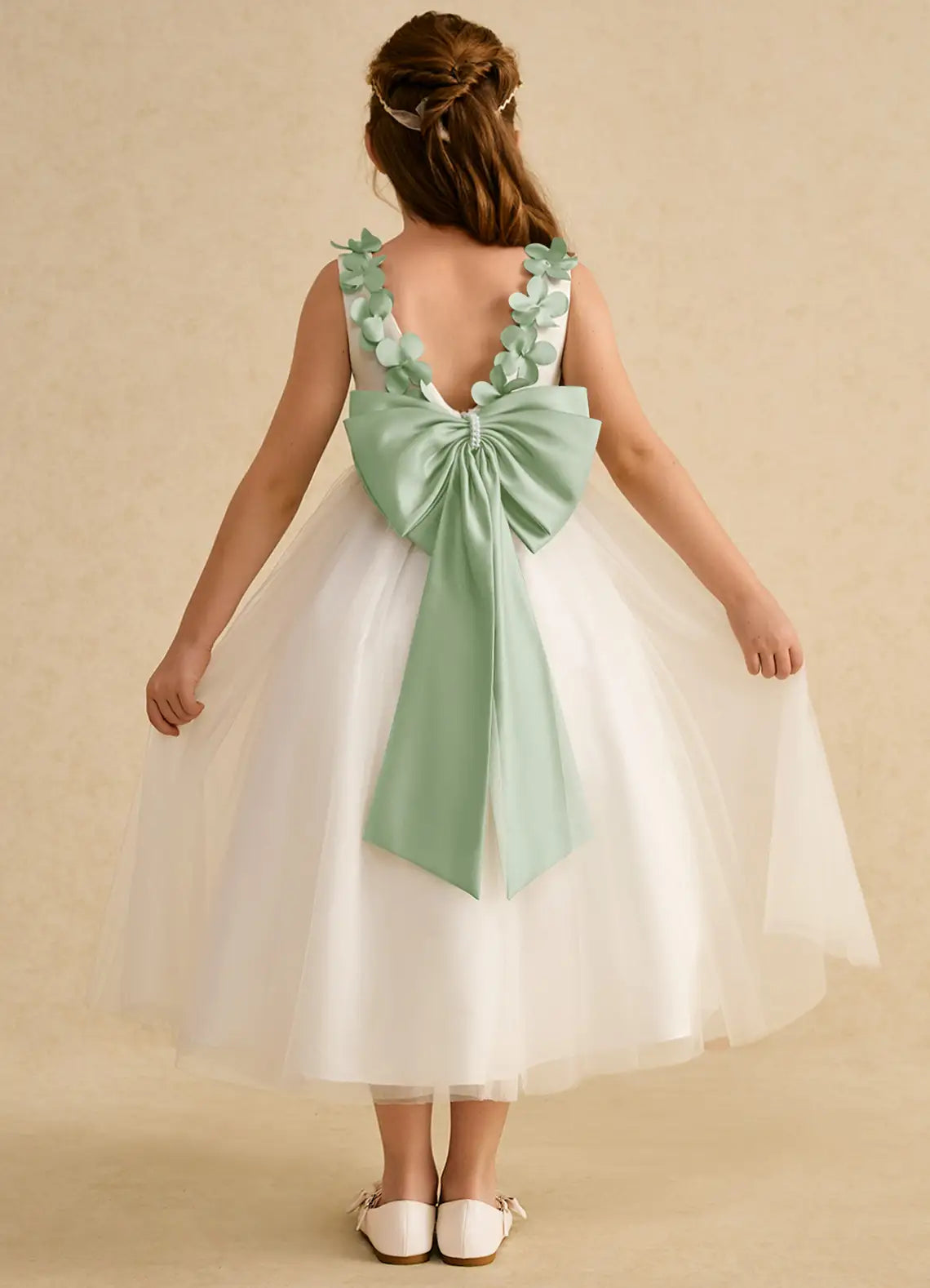 3D Floral Strap V-Back Sage Sash Bow White Tulle Midi Flower Girl Dresses