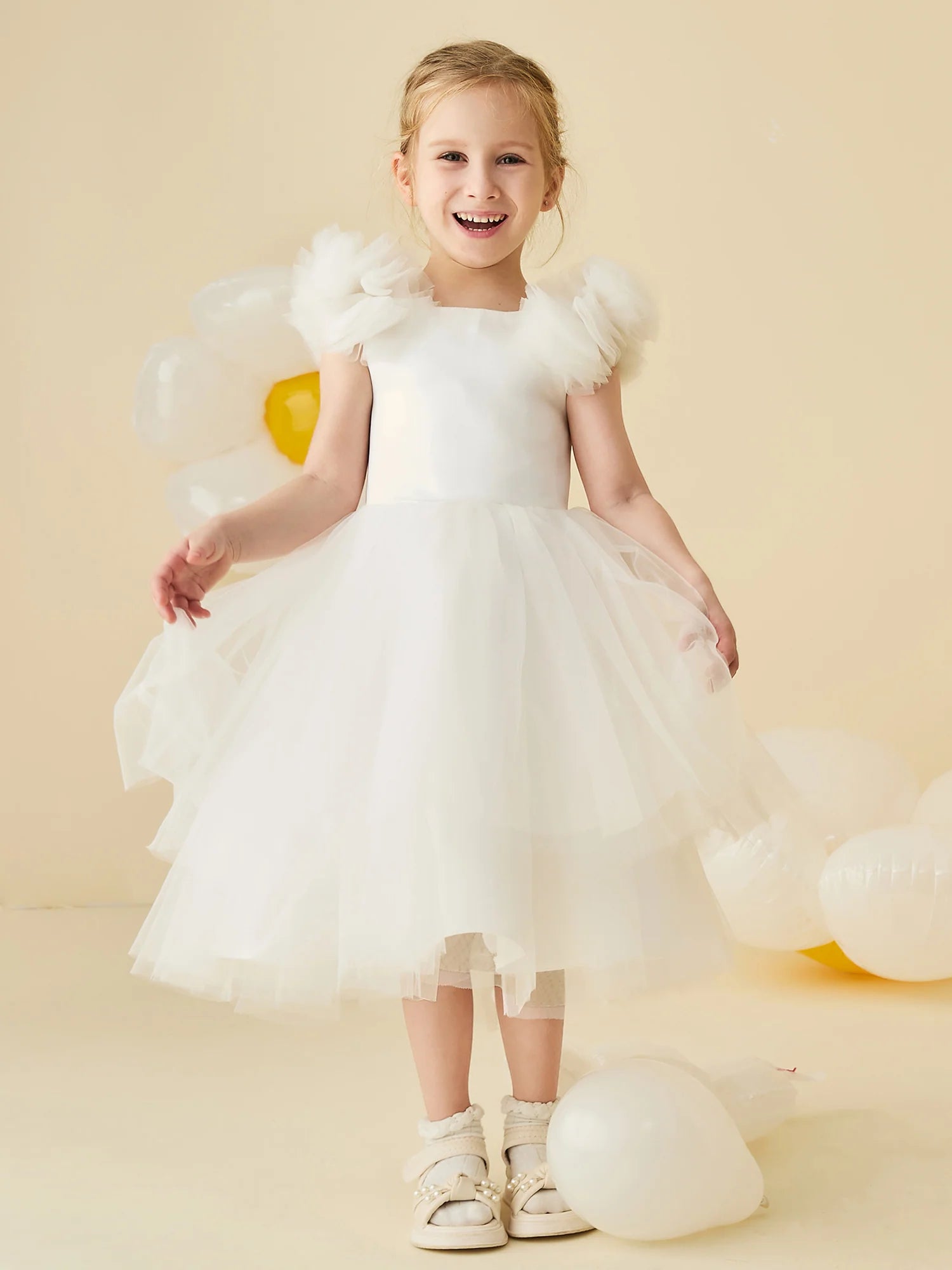 3D Tulle Flower Shoulder Square Neck Corset Back White Tulle Knee Length Flower Girl Dresses