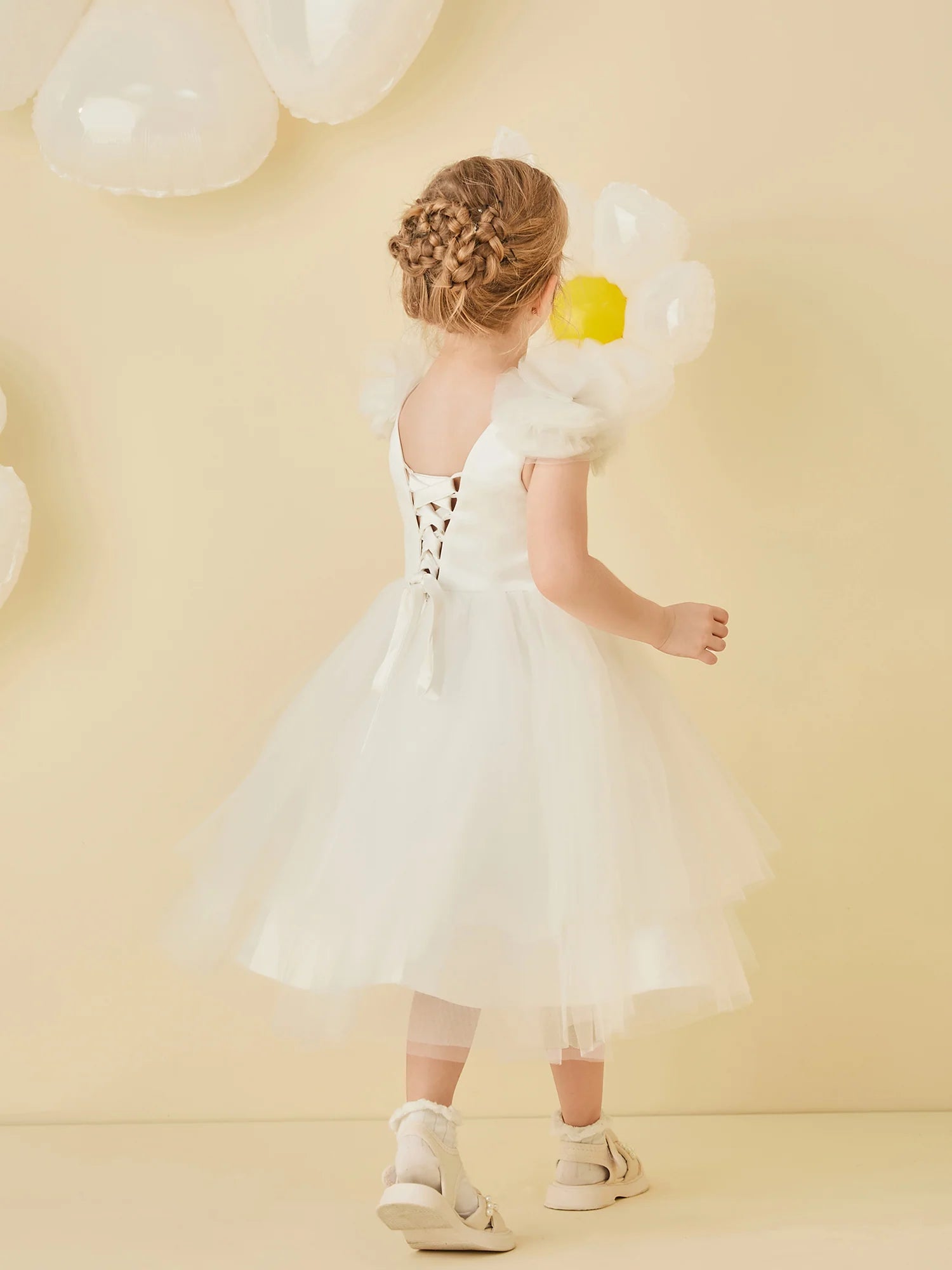 3D Tulle Flower Shoulder Square Neck Corset Back White Tulle Knee Length Flower Girl Dresses