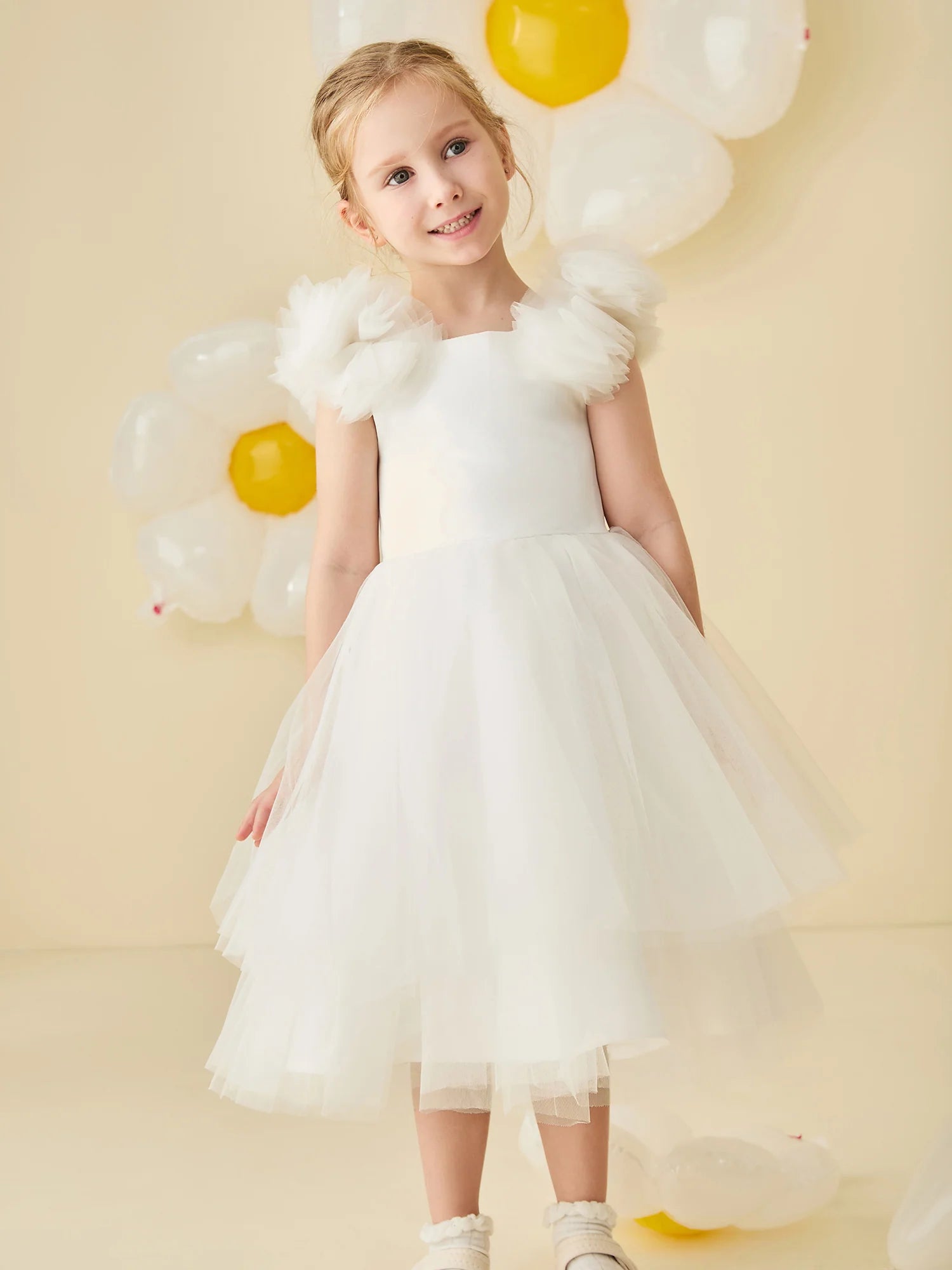 3D Tulle Flower Shoulder Square Neck Corset Back White Tulle Knee Length Flower Girl Dresses