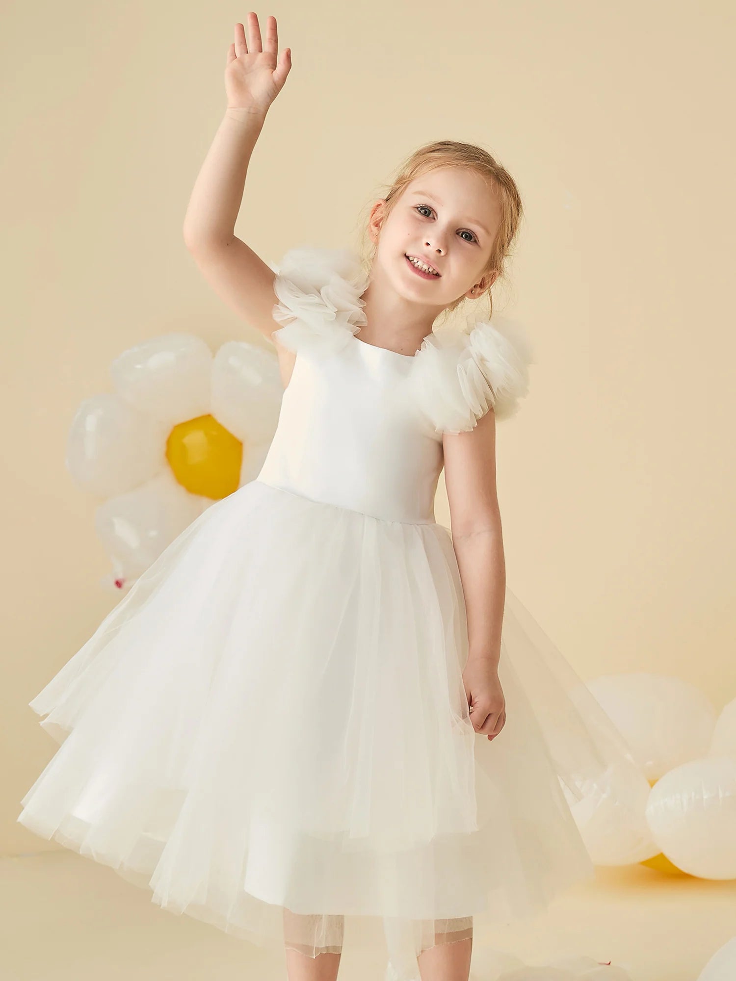 3D Tulle Flower Shoulder Square Neck Corset Back White Tulle Knee Length Flower Girl Dresses