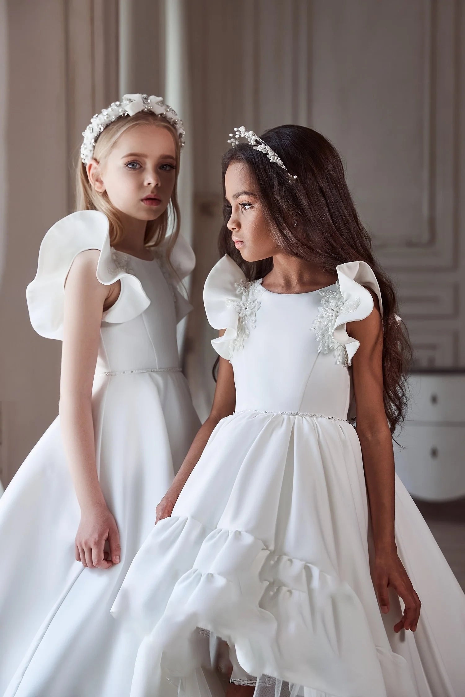 Chapel Train Sleeveless Satin Ruffles Elegant Girls’ Gown