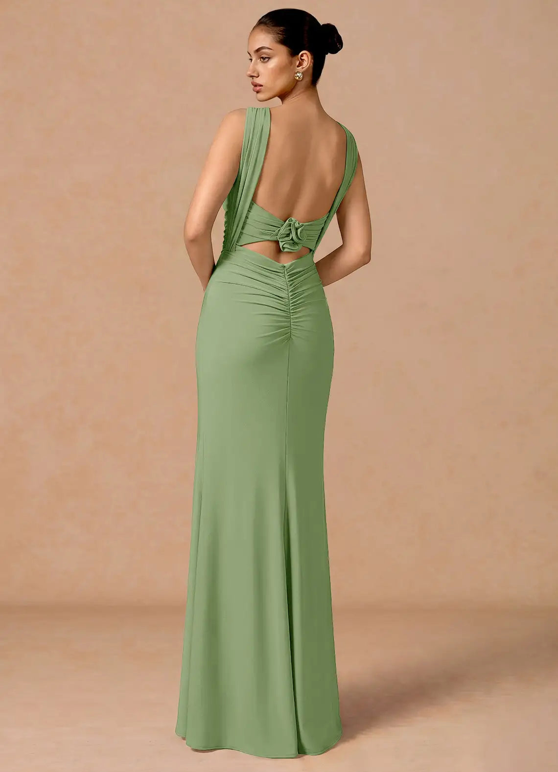 Sage Halter Choker Strapless Ruched Open Back Flower Mermaid Maxi Bridesmaid Dress