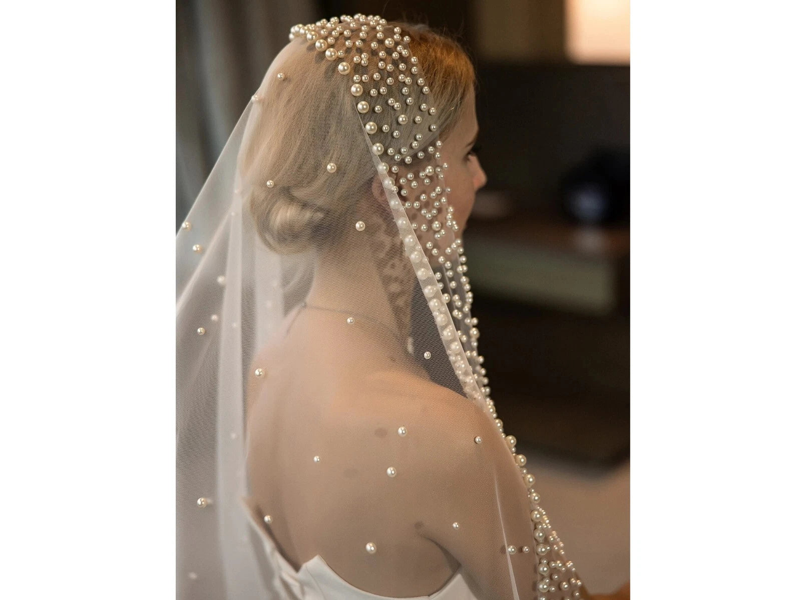 Wedding veil with pearls 1 tier ivory color 120'' length