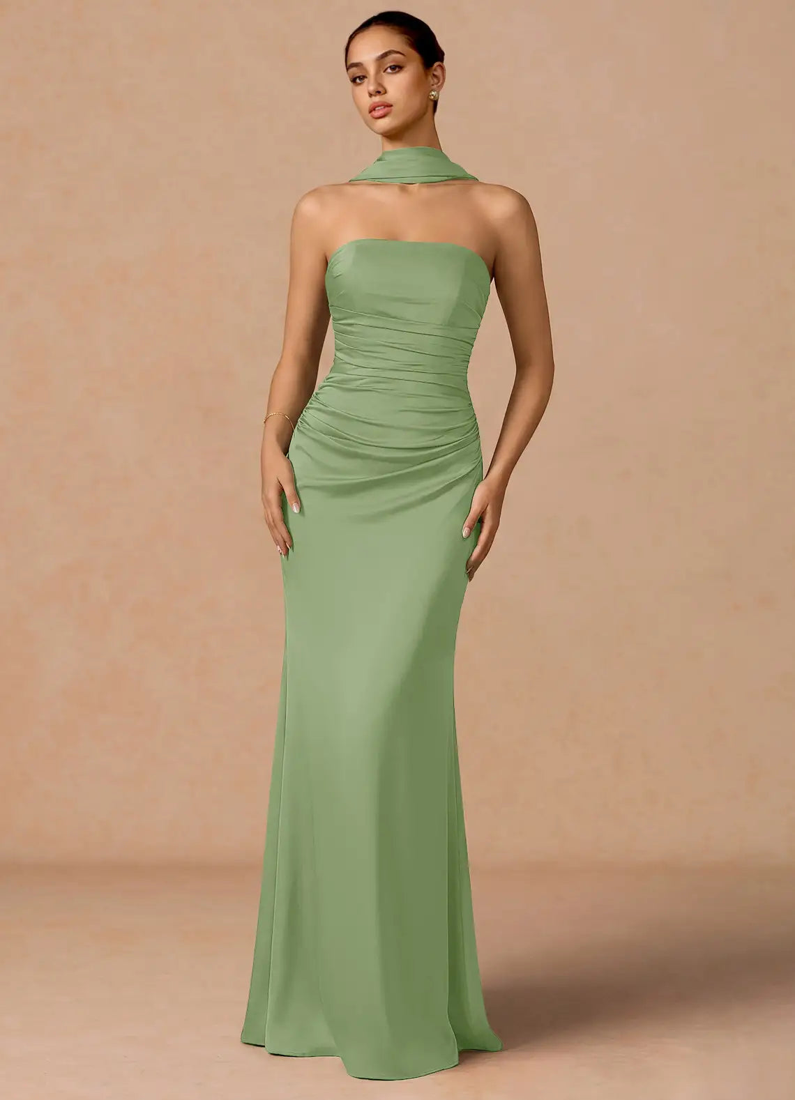 Sage Halter Choker Strapless Ruched Open Back Flower Mermaid Maxi Bridesmaid Dress
