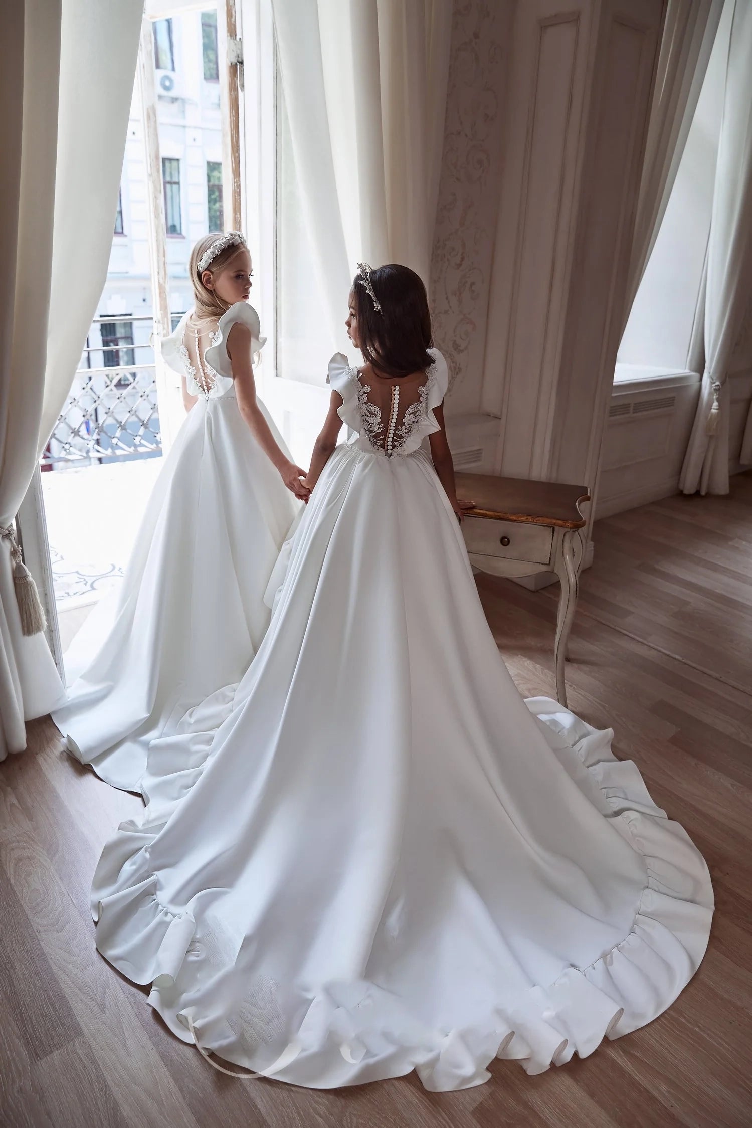 Chapel Train Sleeveless Satin Ruffles Elegant Girls’ Gown