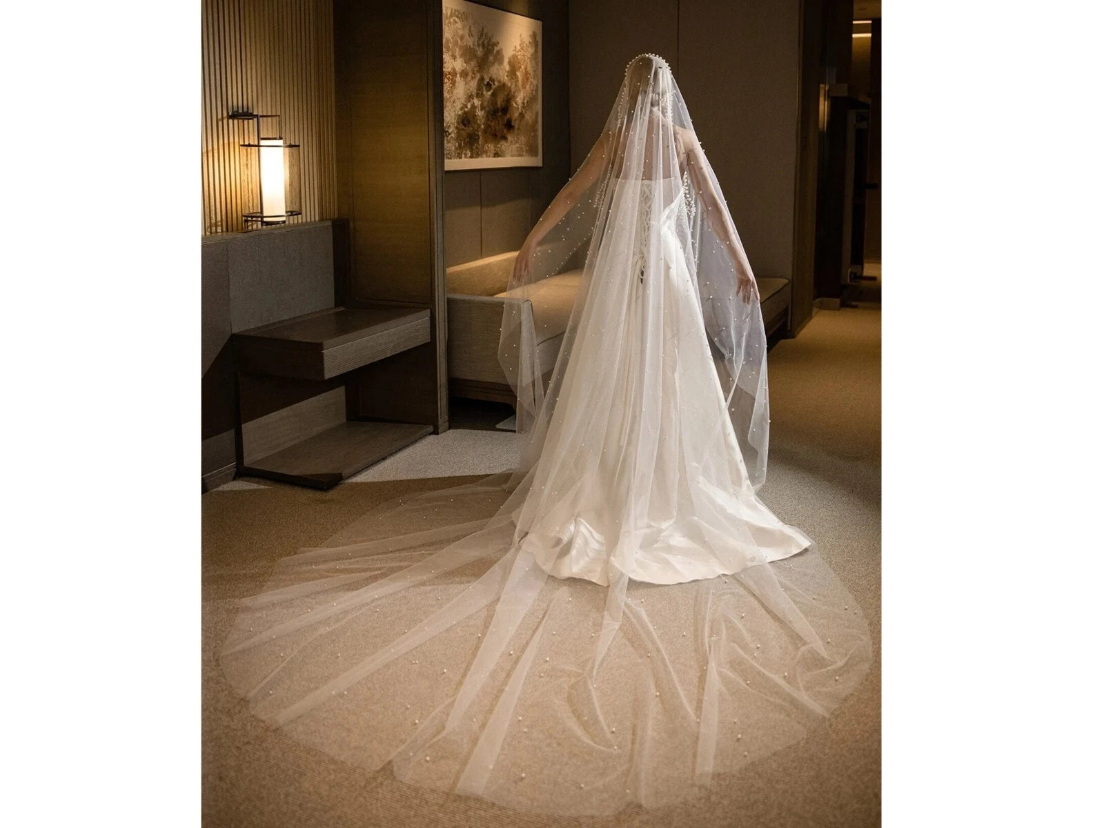 Wedding veil with pearls 1 tier ivory color 120'' length