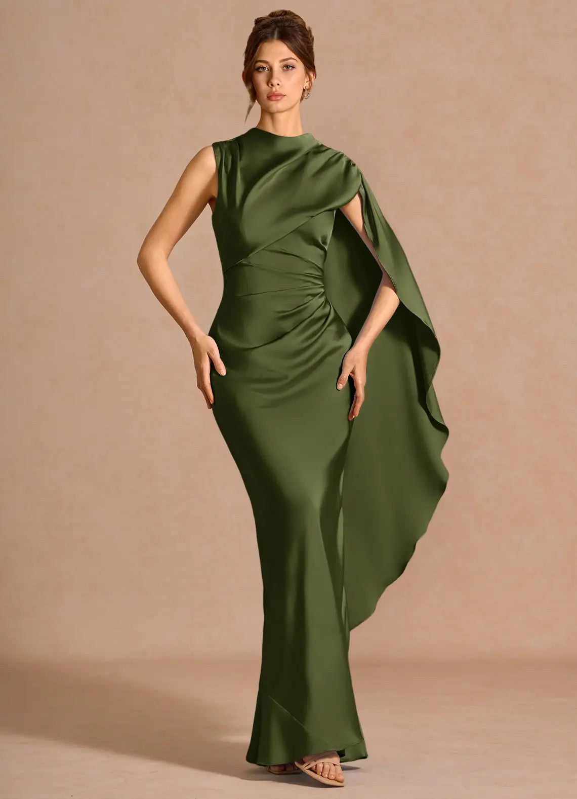 Olive High Neck Draped Sash Ruched Lace-Up Back Satin Mermaid Maxi Bridesmaid Dress