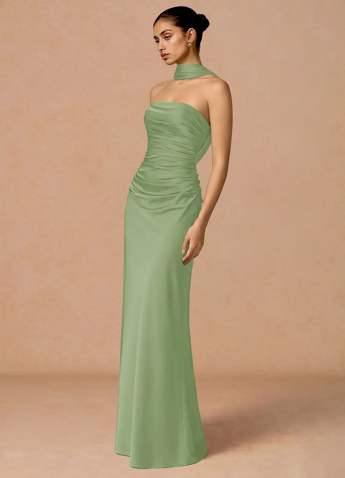 Sage Halter Choker Strapless Ruched Open Back Flower Mermaid Maxi Bridesmaid Dress
