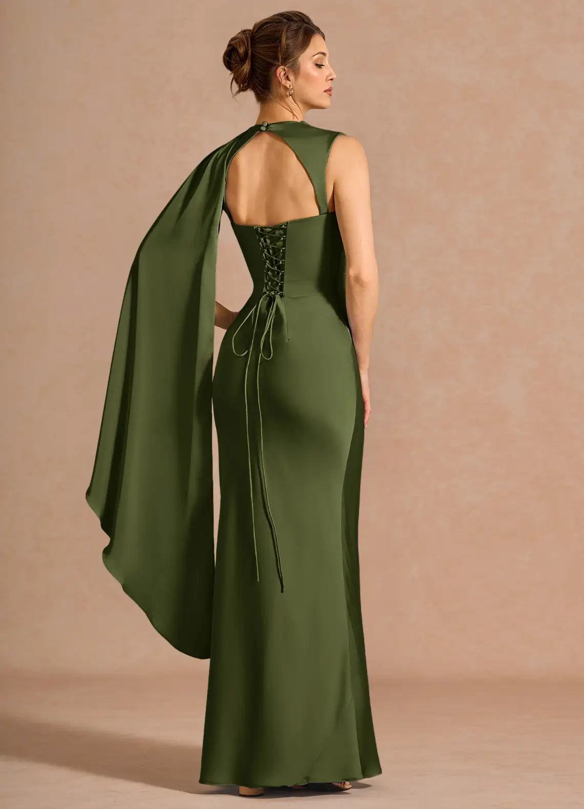 Olive High Neck Draped Sash Ruched Lace-Up Back Satin Mermaid Maxi Bridesmaid Dress
