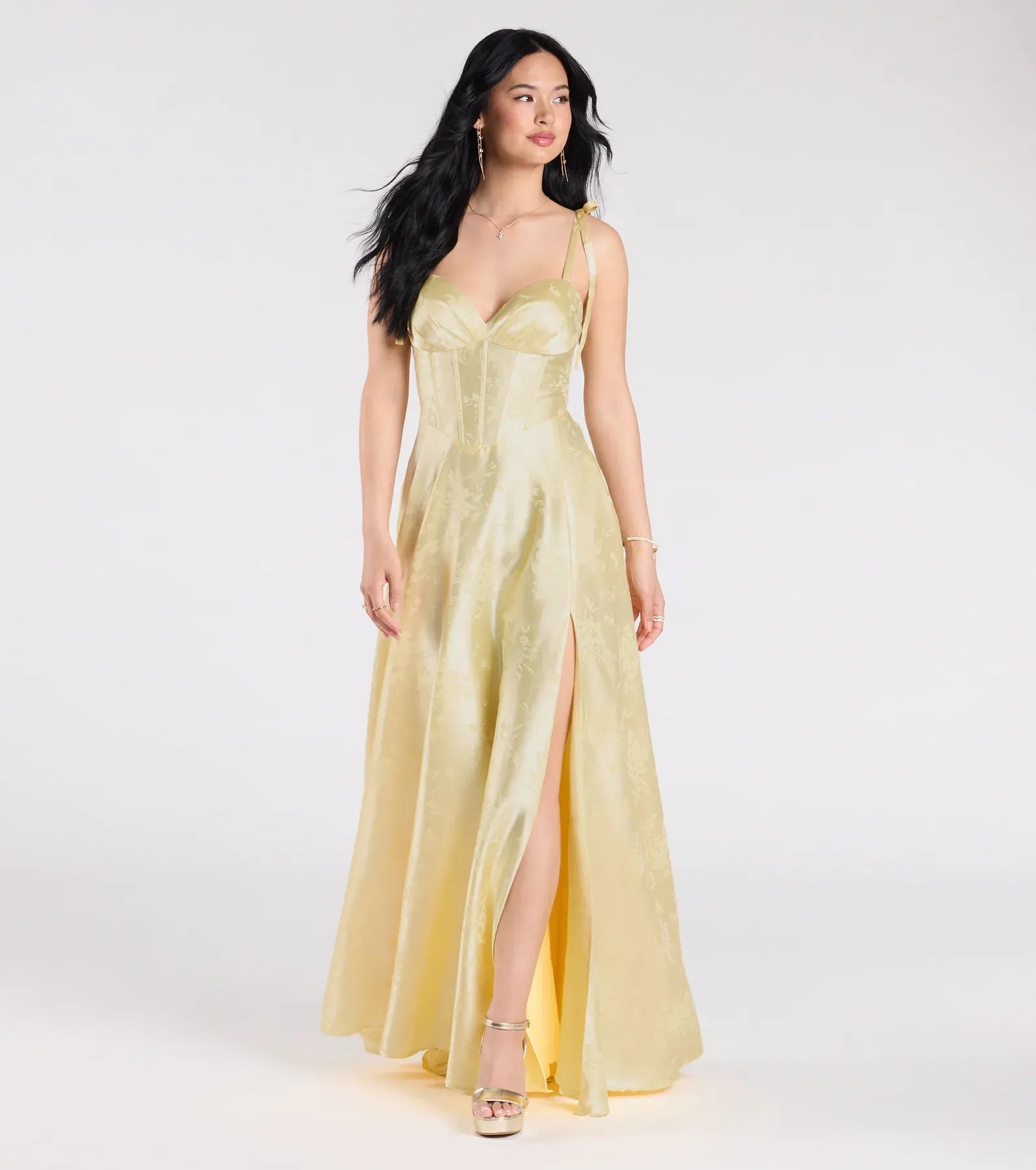 A-Line Corset Sweetheart Tie-Strap Slit Jacquard Satin Maxi Bridesmaid Dress