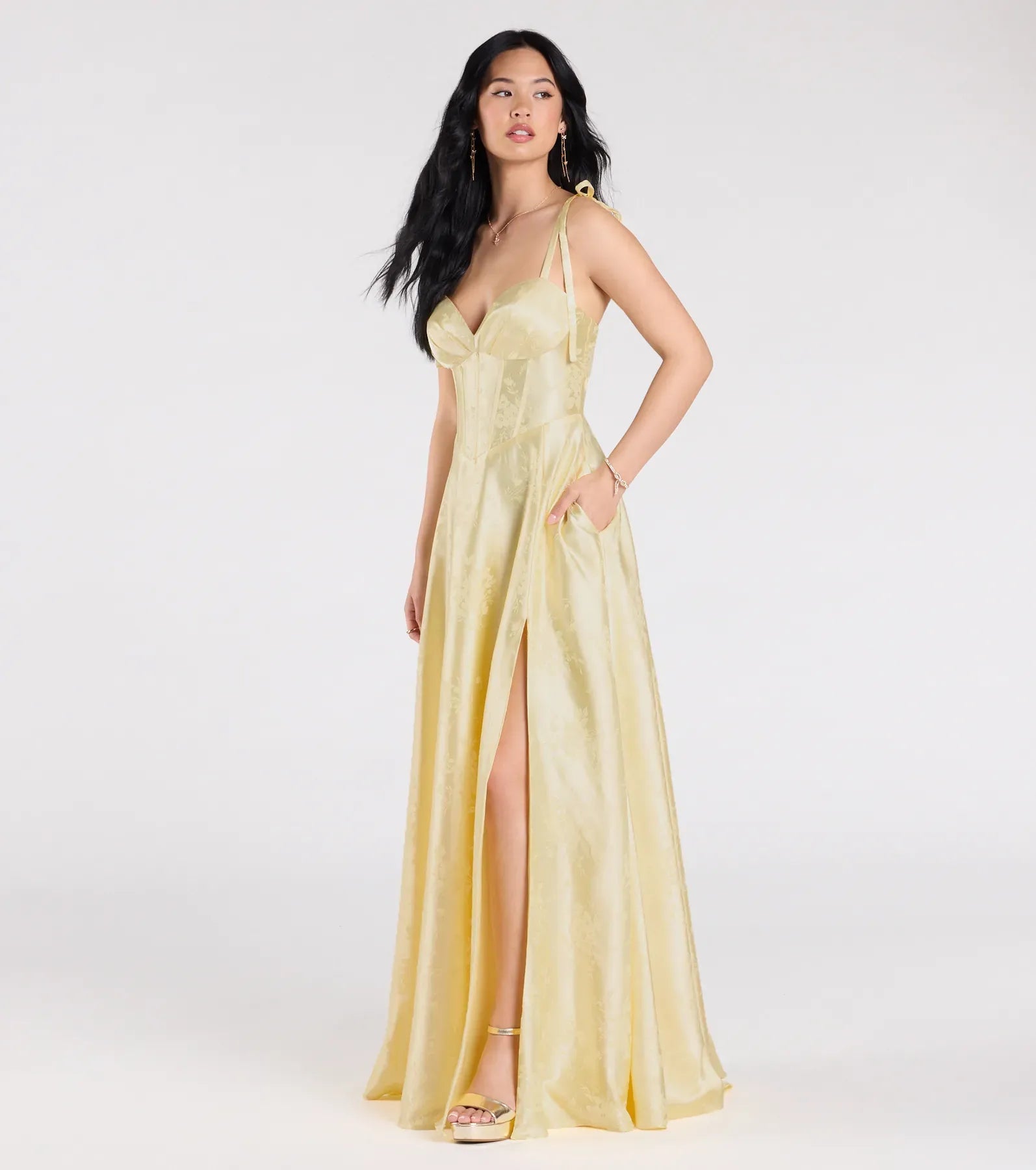 A-Line Corset Sweetheart Tie-Strap Slit Jacquard Satin Maxi Bridesmaid Dress