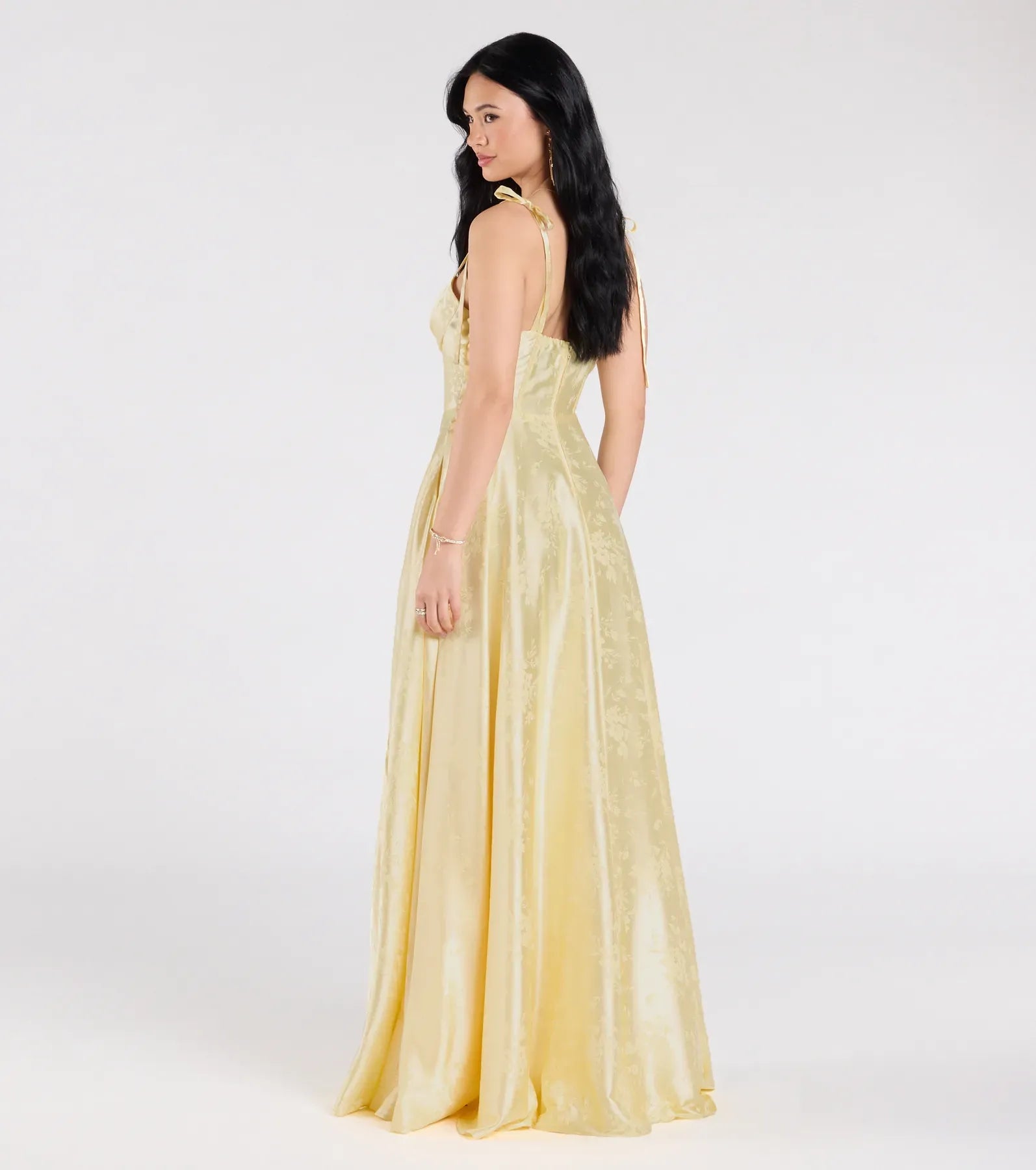 A-Line Corset Sweetheart Tie-Strap Slit Jacquard Satin Maxi Bridesmaid Dress