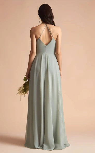 A-Line Sleeveless Chiffon Bridesmaid Dress Halter with Split Front Spaghetti Simple Sexy Bohemian Elegant Floor-length