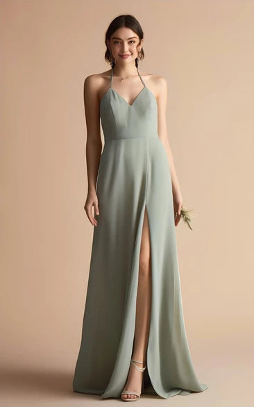 A-Line Sleeveless Chiffon Bridesmaid Dress Halter with Split Front Spaghetti Simple Sexy Bohemian Elegant Floor-length