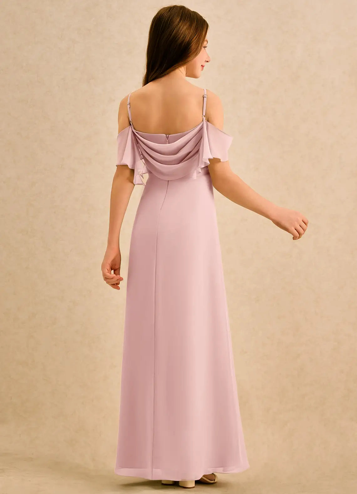 Adjustable Spaghetti Strap Off-The-Shoulder Ruffle Cowl Back Ruched Side Slit Dusty Rose Chiffon Full-Length Junior Bridesmaid Dresses