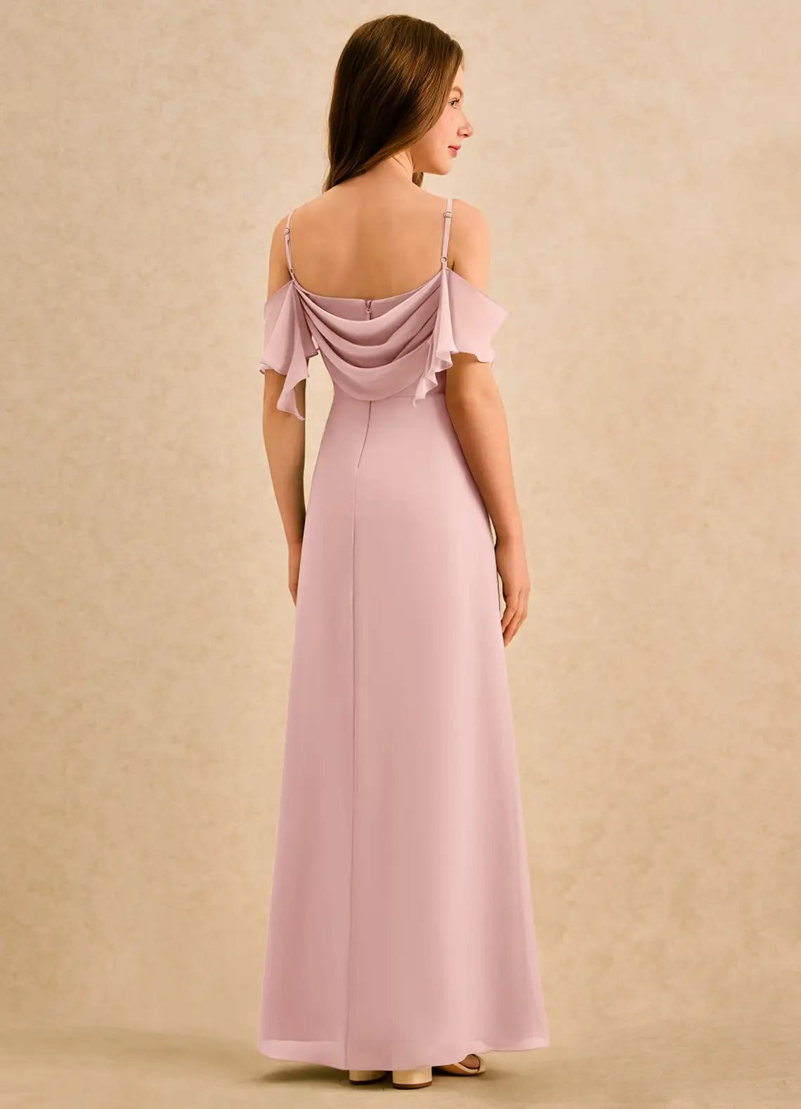 Adjustable Spaghetti Strap Off-The-Shoulder Ruffle Cowl Back Ruched Side Slit Dusty Rose Chiffon Full-Length Junior Bridesmaid Dresses