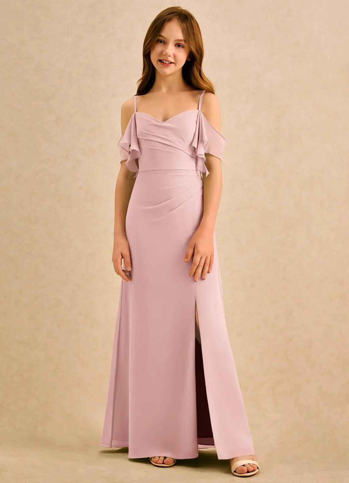 Adjustable Spaghetti Strap Off-The-Shoulder Ruffle Cowl Back Ruched Side Slit Dusty Rose Chiffon Full-Length Junior Bridesmaid Dresses